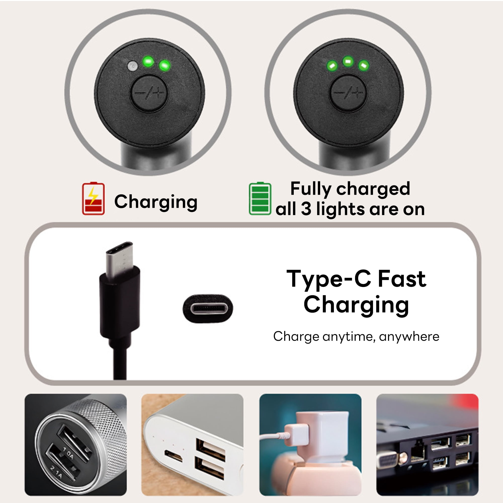 Gerät wird geladen oder ist voll geladen. Zeigt USB-C-Ladekabel und verschiedene Ladegeräte.