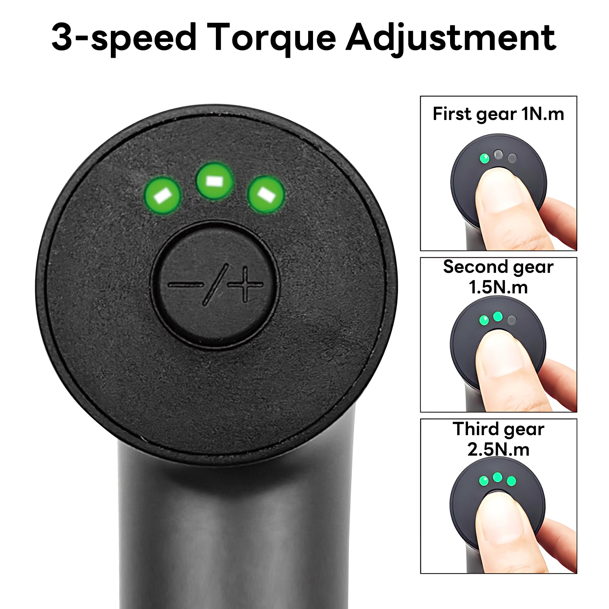 Massagepistole mit 3 Gängen und Drehmomentanzeige.