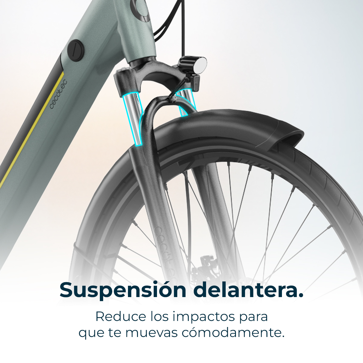 Suspensión delantera de bicicleta con logo CECOTEC, negra y gris.