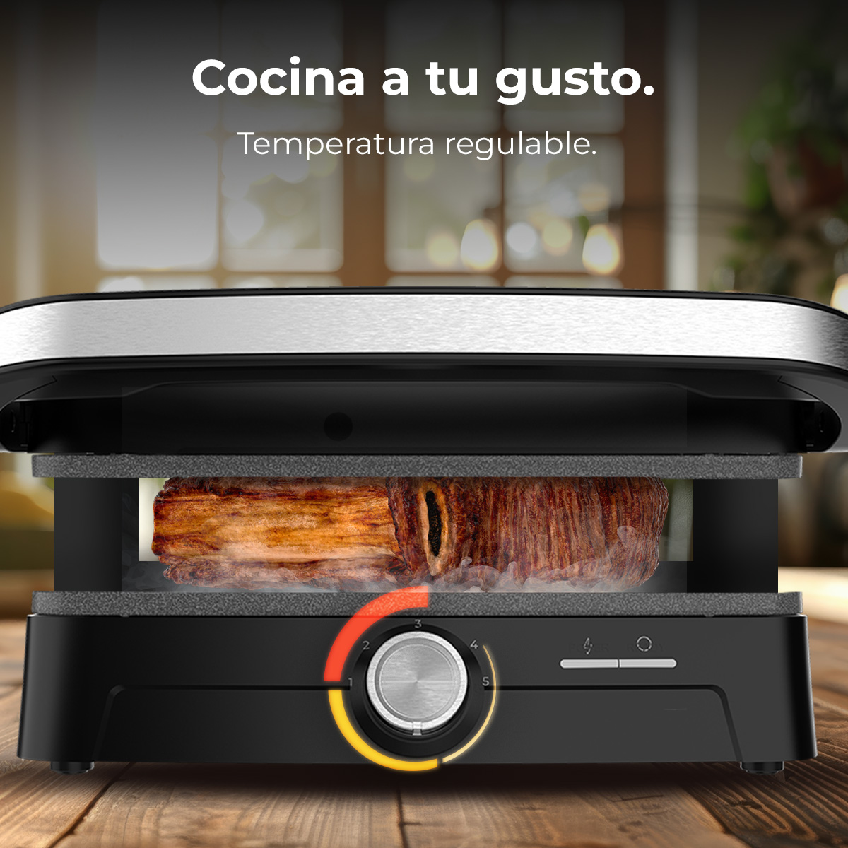 Ein Fleischstück wird in einem Elektrogrill mit einstellbarer Temperatur gegrillt.