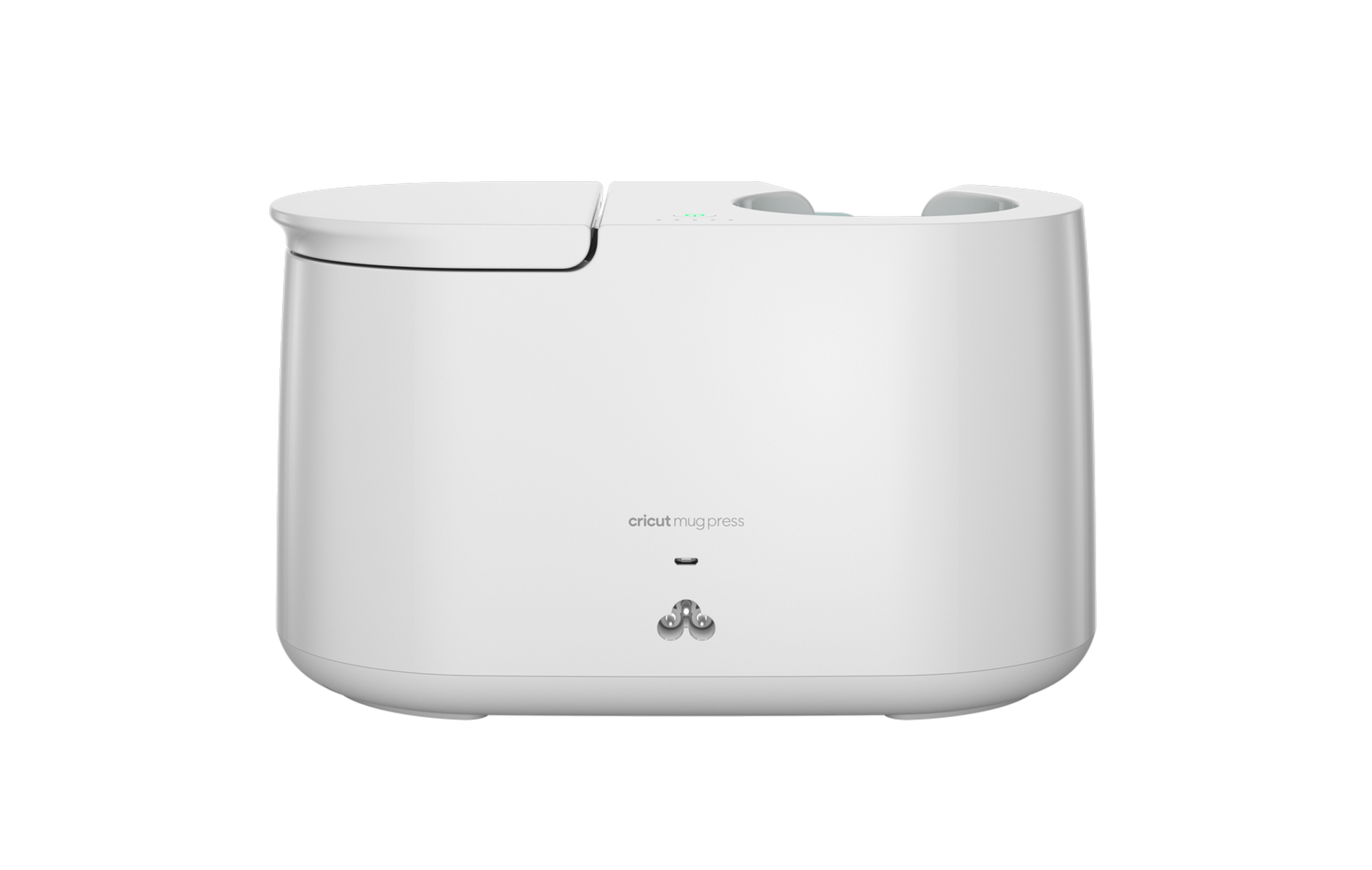 Una Cricut Mug Press blanca con asa y botones de control arriba.