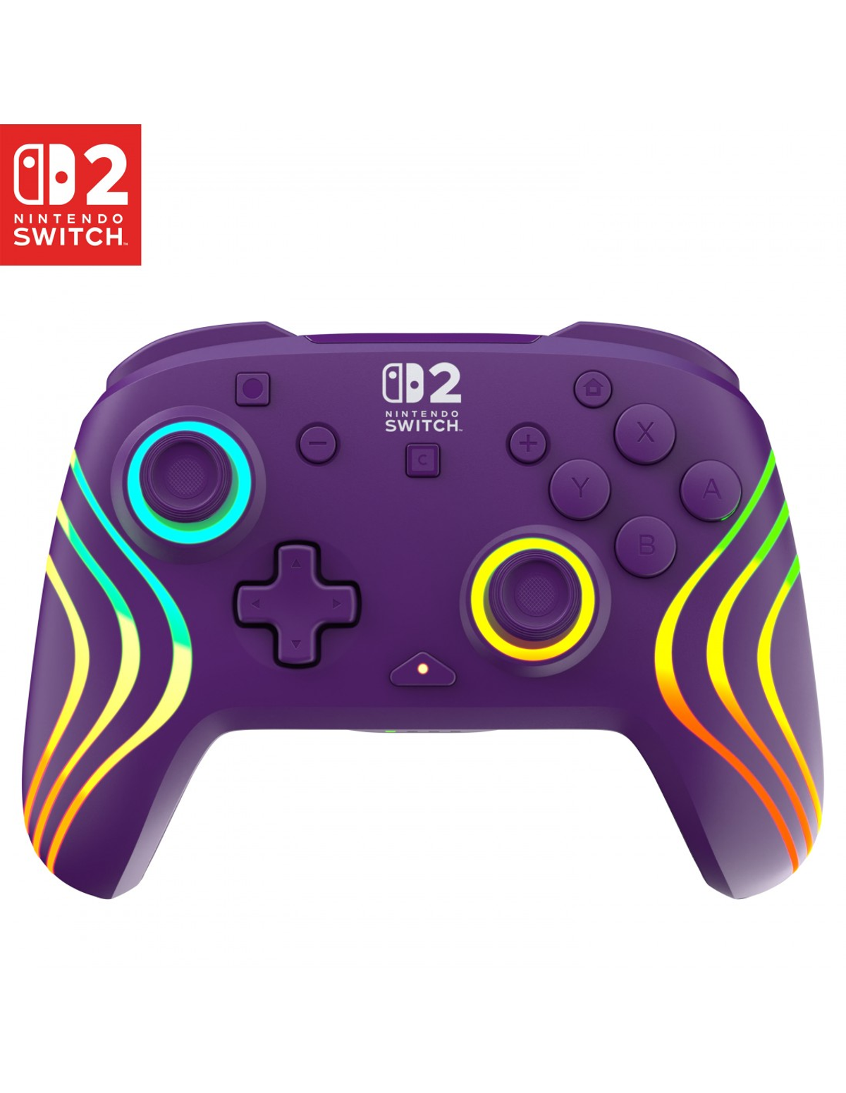 Controller Pro viola Nintendo Switch con accenti luminosi colorati e logo.