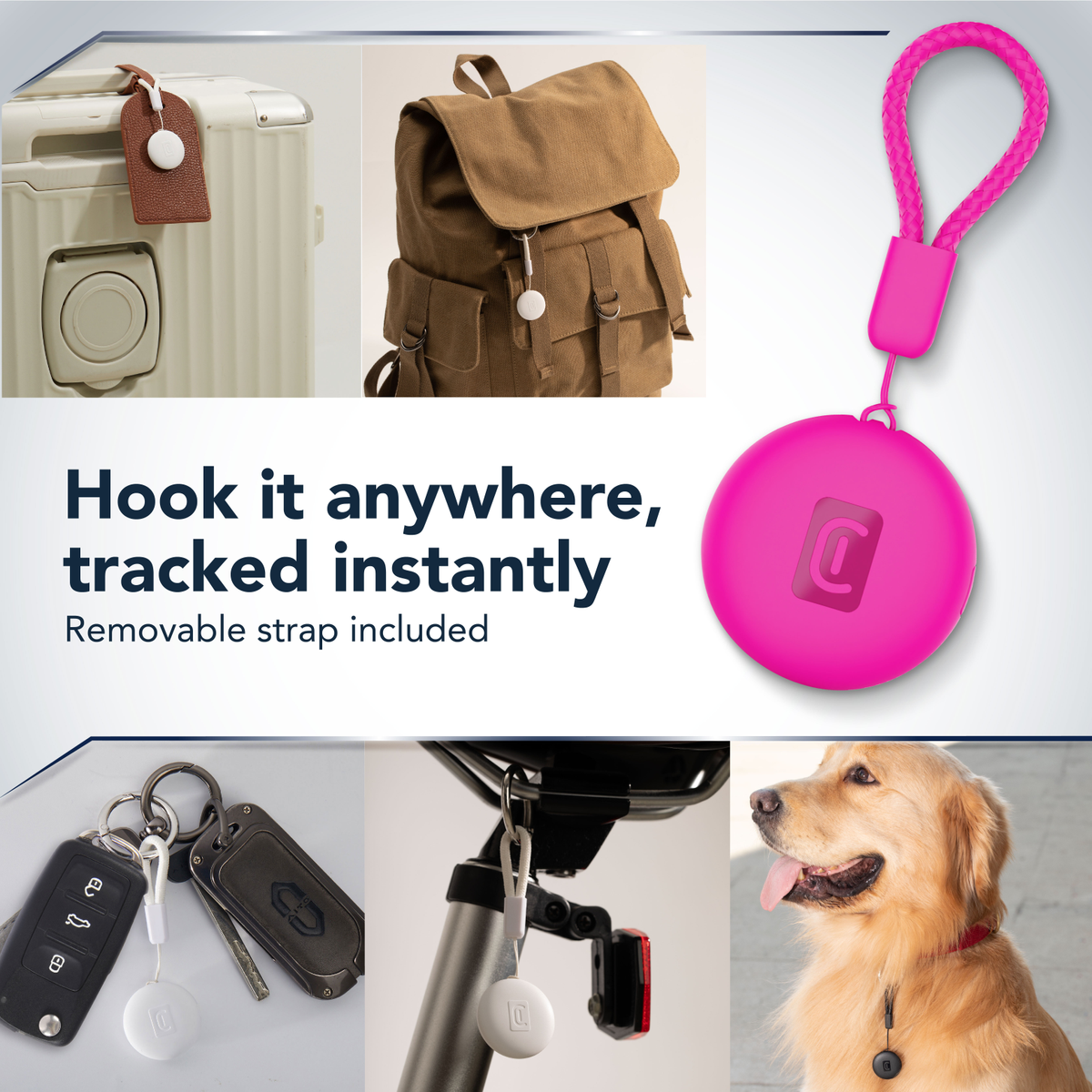 Tracker an Gepäck, Rucksack, Schlüssel, Fahrrad und Hund.