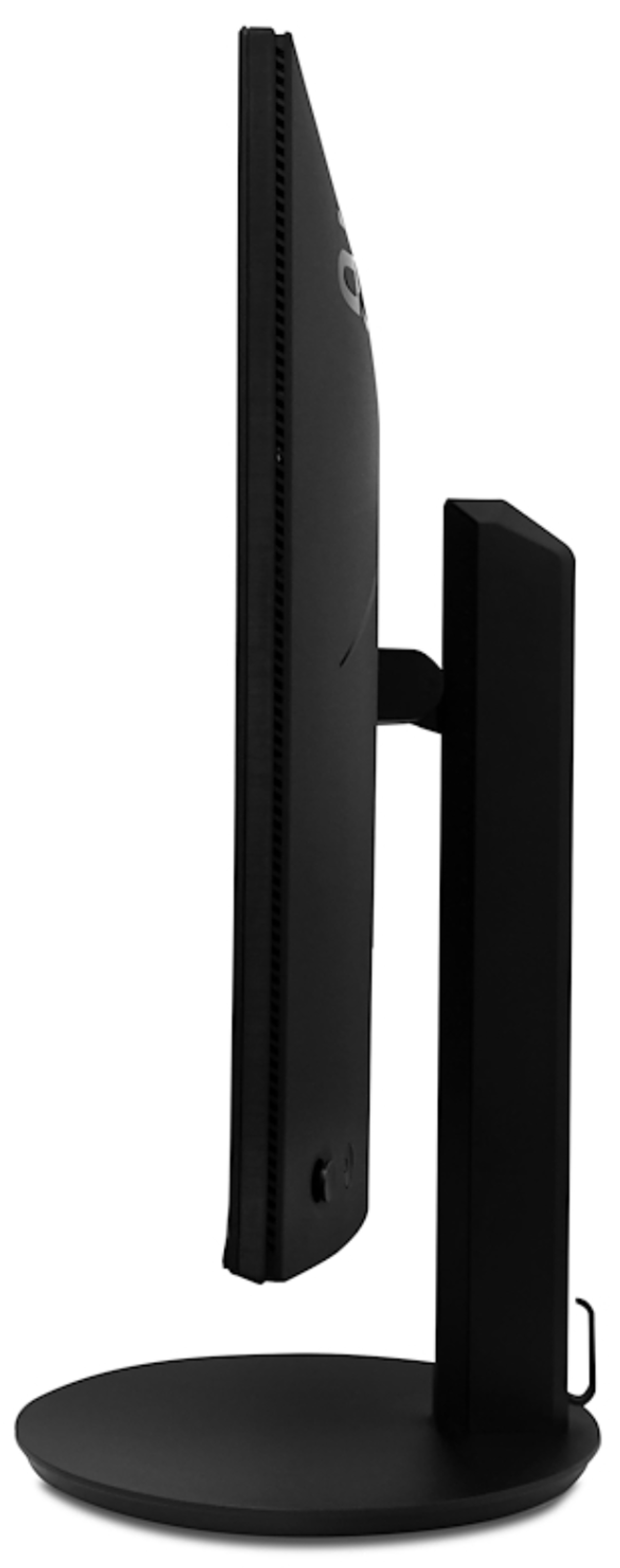 Czarny monitor komputerowy na okrągłej podstawie, widok z boku.