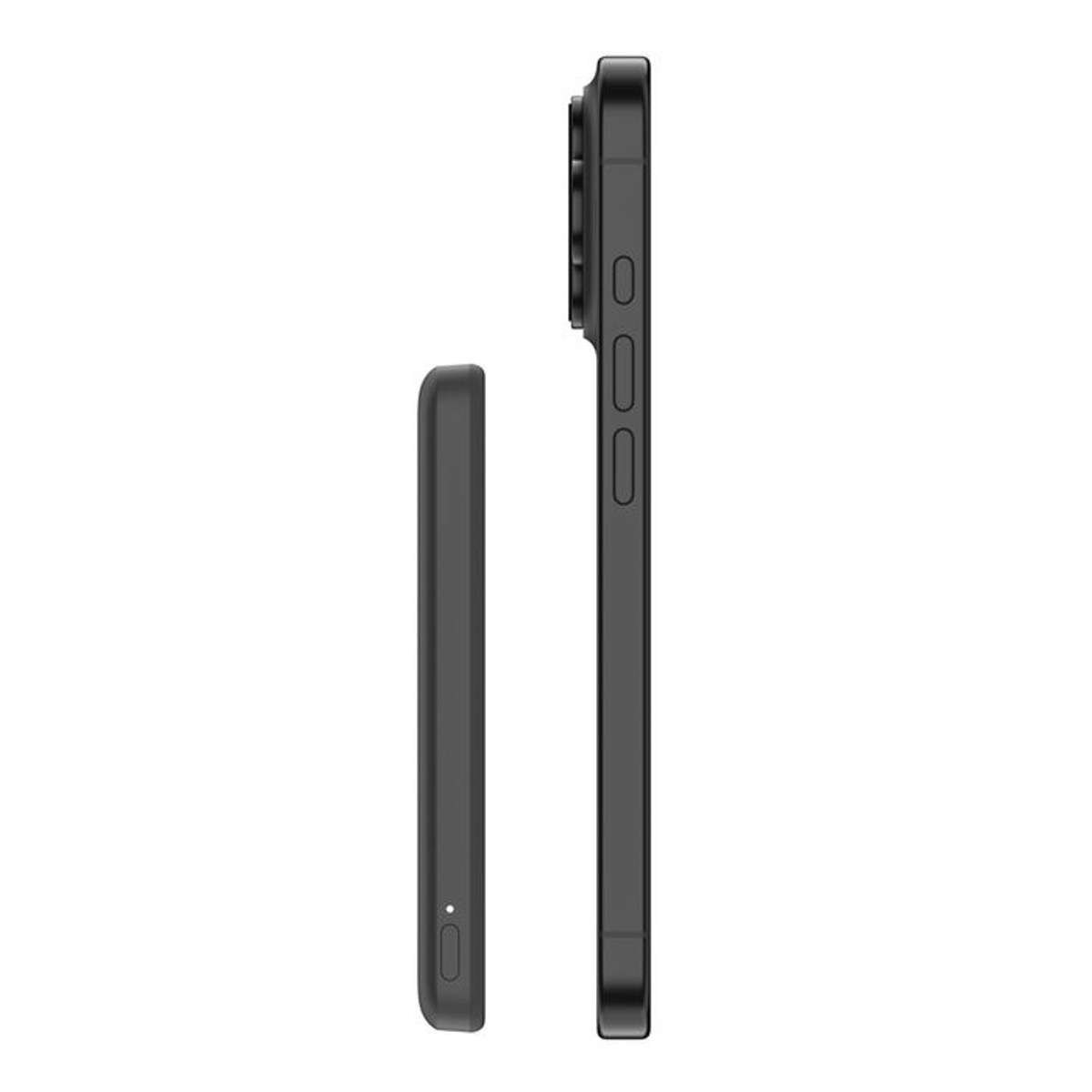 Siyah bir telefon kılıfı, siyah bir akıllı telefonun solunda yer alıyor.