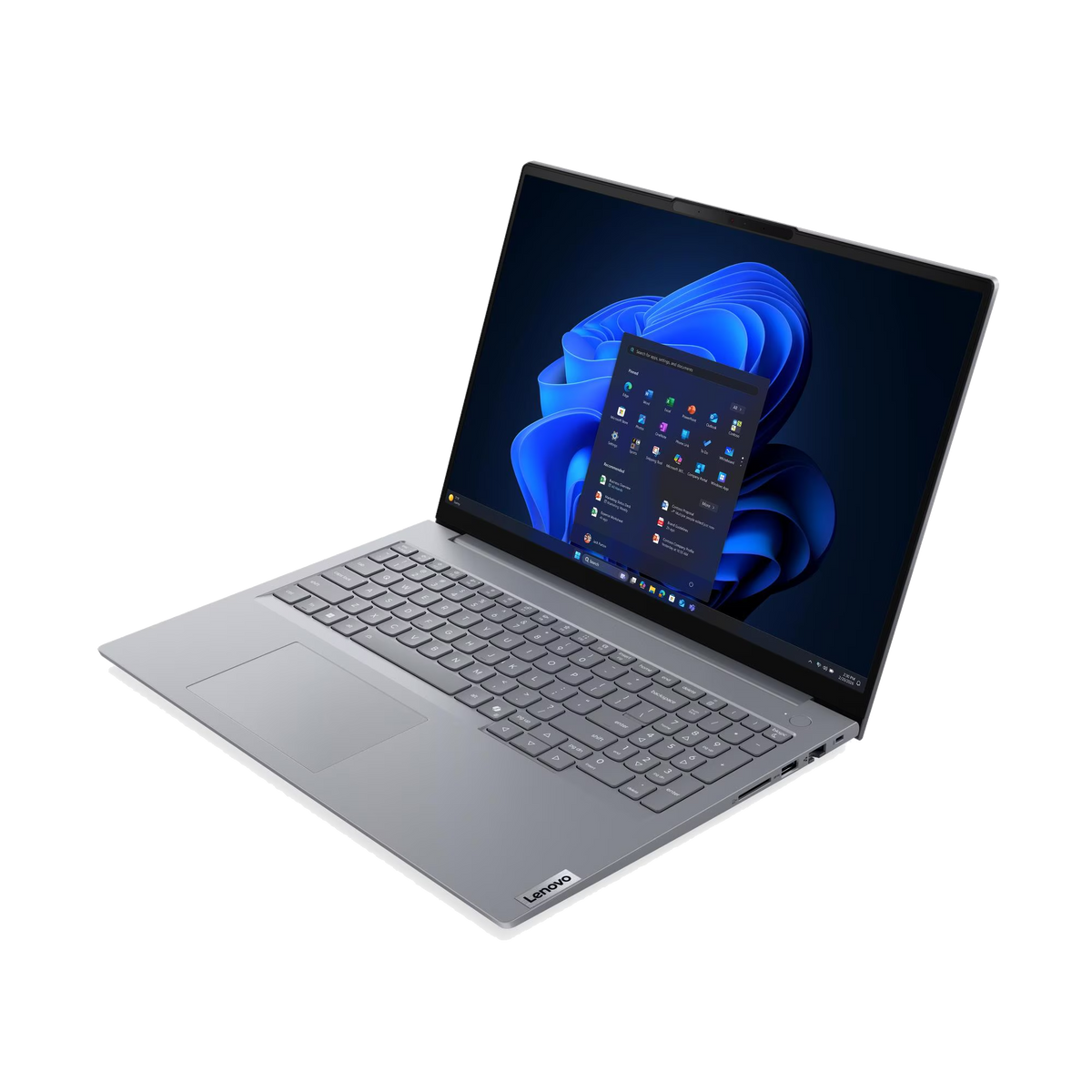Un portátil Lenovo gris con el menú de inicio de Windows 11 abierto en su pantalla.