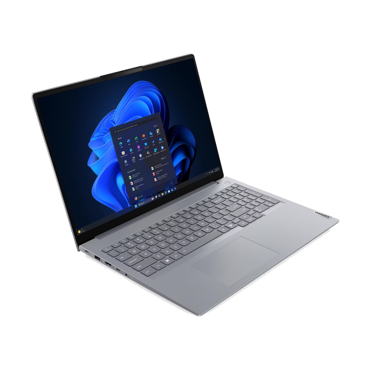 Un portátil Lenovo gris mostrando Windows 11 en su pantalla.