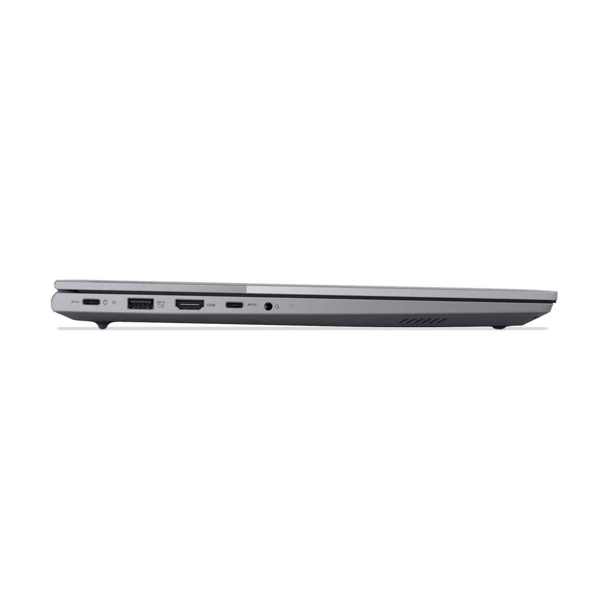 Vista lateral de laptop gris mostrando puertos: USB-C, USB-A, HDMI, conector.