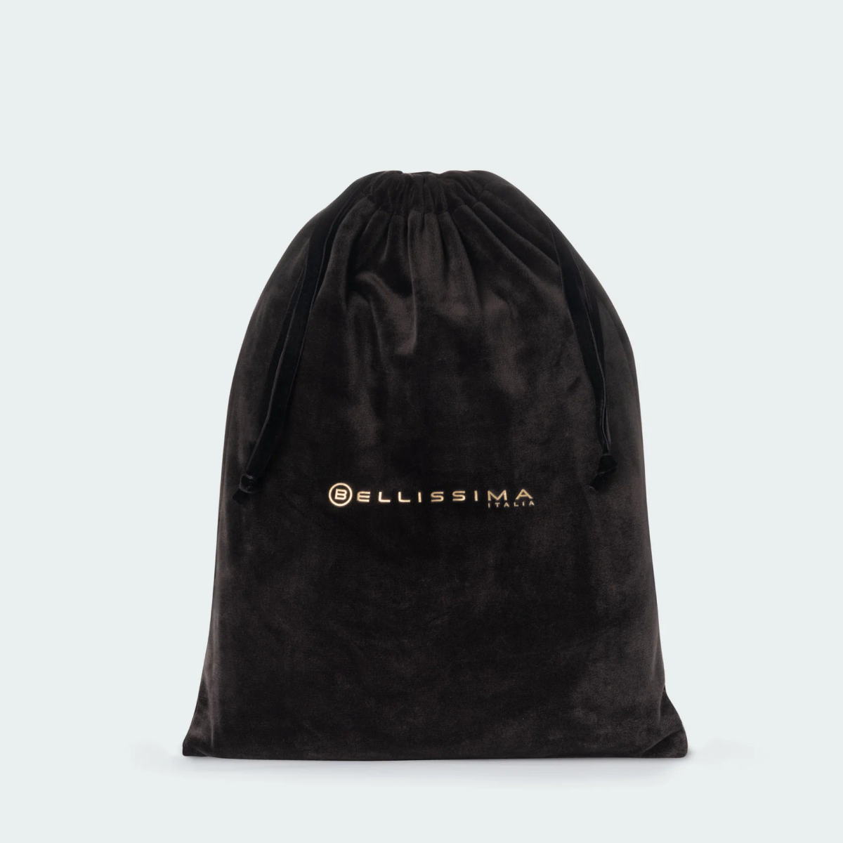 Sacchetto nero in velluto con coulisse e logo dorato 'BELLISSIMA ITALIA'.