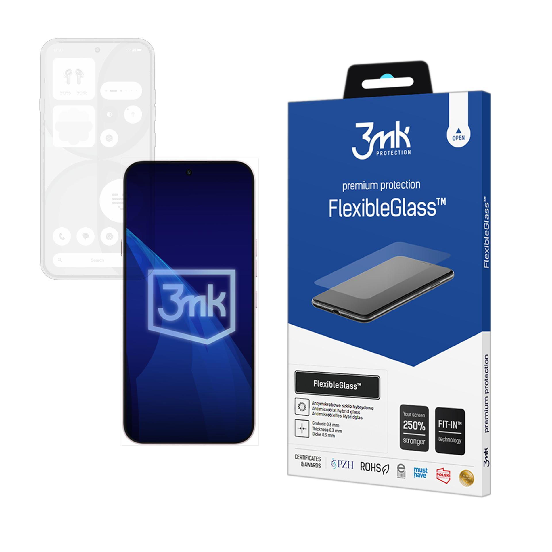 Confezione per protezione schermo FlexibleGlass con schermo smartphone accanto.