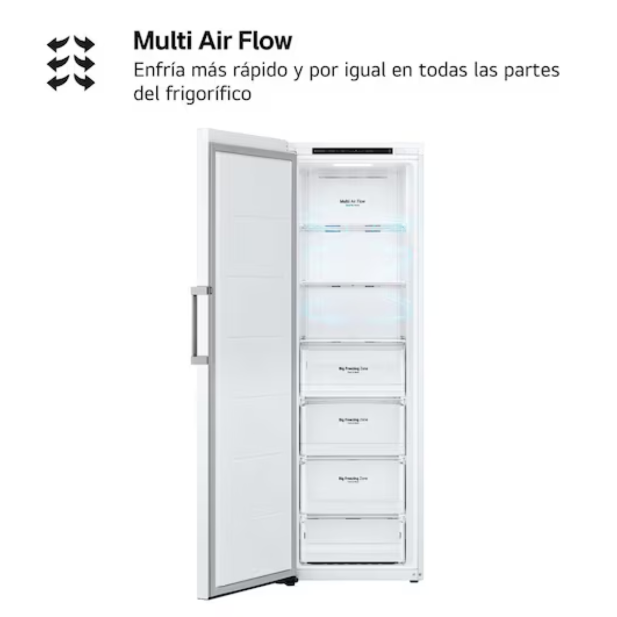 Biała lodówka z otwartymi drzwiami, pokazująca funkcję Multi Air Flow.