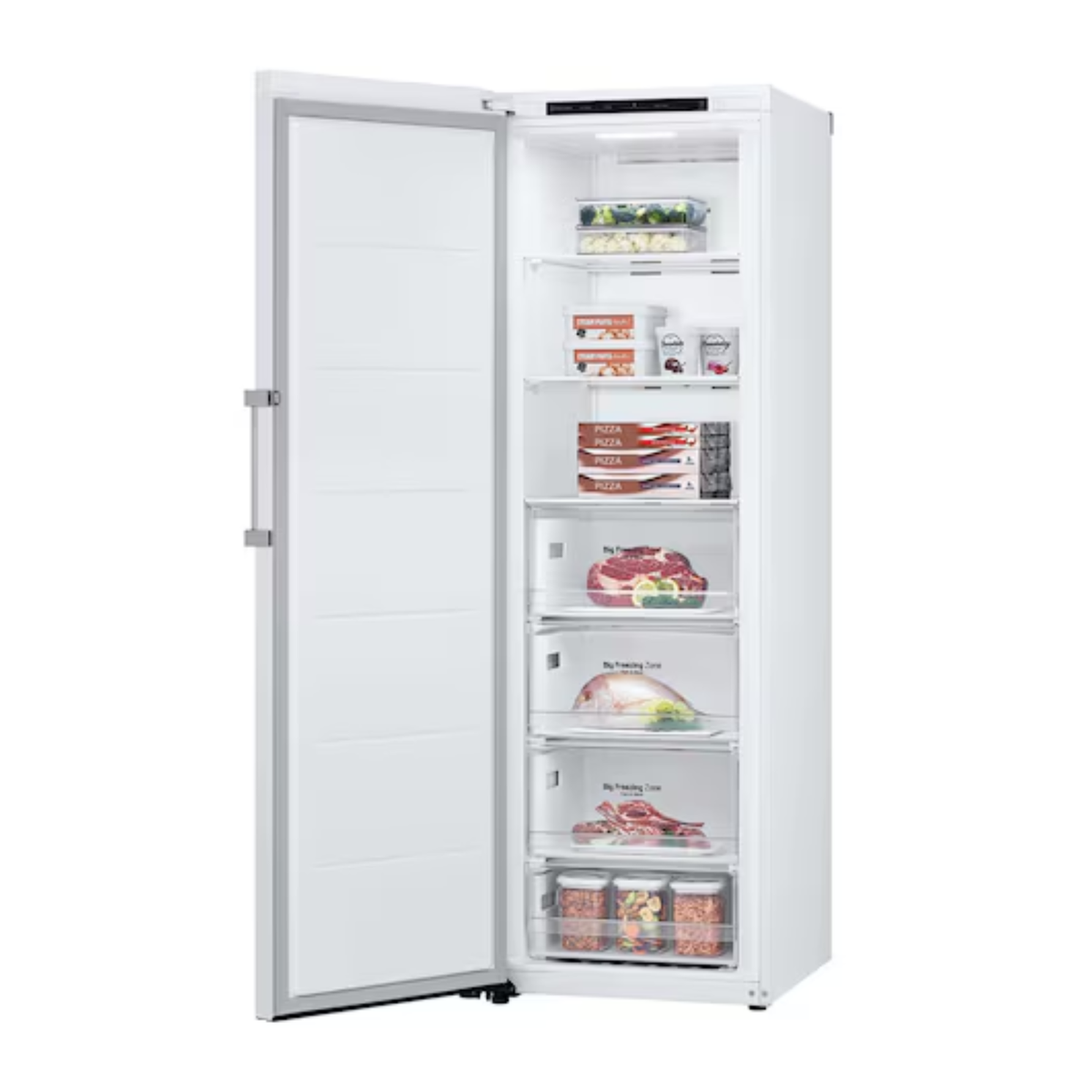 Biała, otwarta zamrażarka skrzyniowa wypełniona jedzeniem.