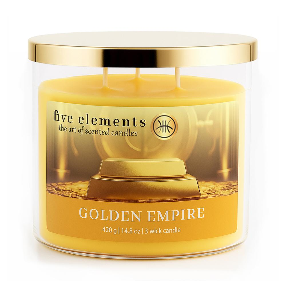 Eine gelbe Kerze mit drei Dochten in einem Glasgefäß mit goldenem Deckel, Beschriftung Golden Empire.