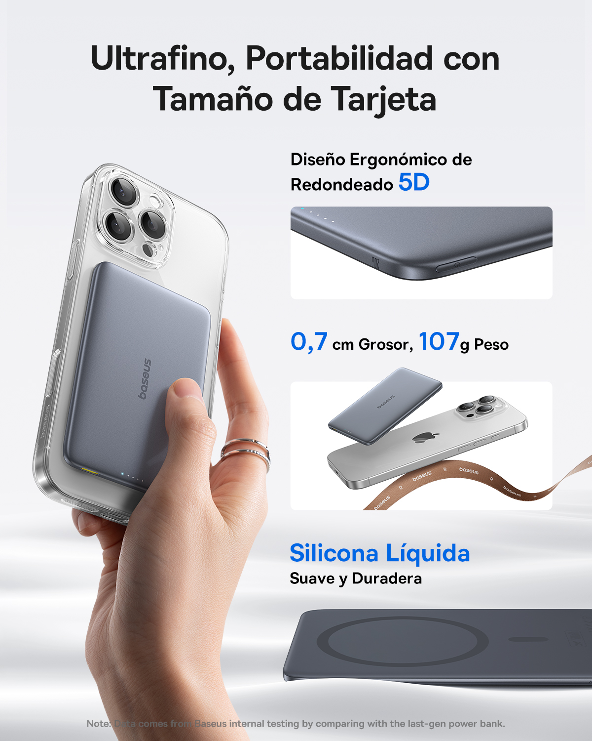 Şeffaf kılıflı gri telefonun yanında ince gri powerbank.