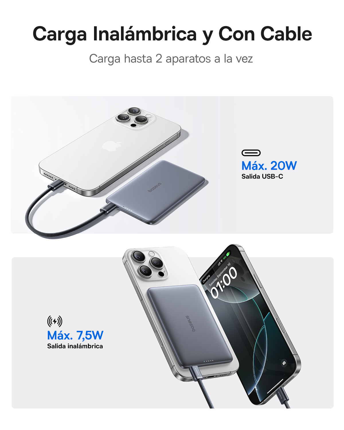 Gri bir şarj cihazı iki iPhone'u şarj ediyor, biri kabloyla, diğeri kablosuz.