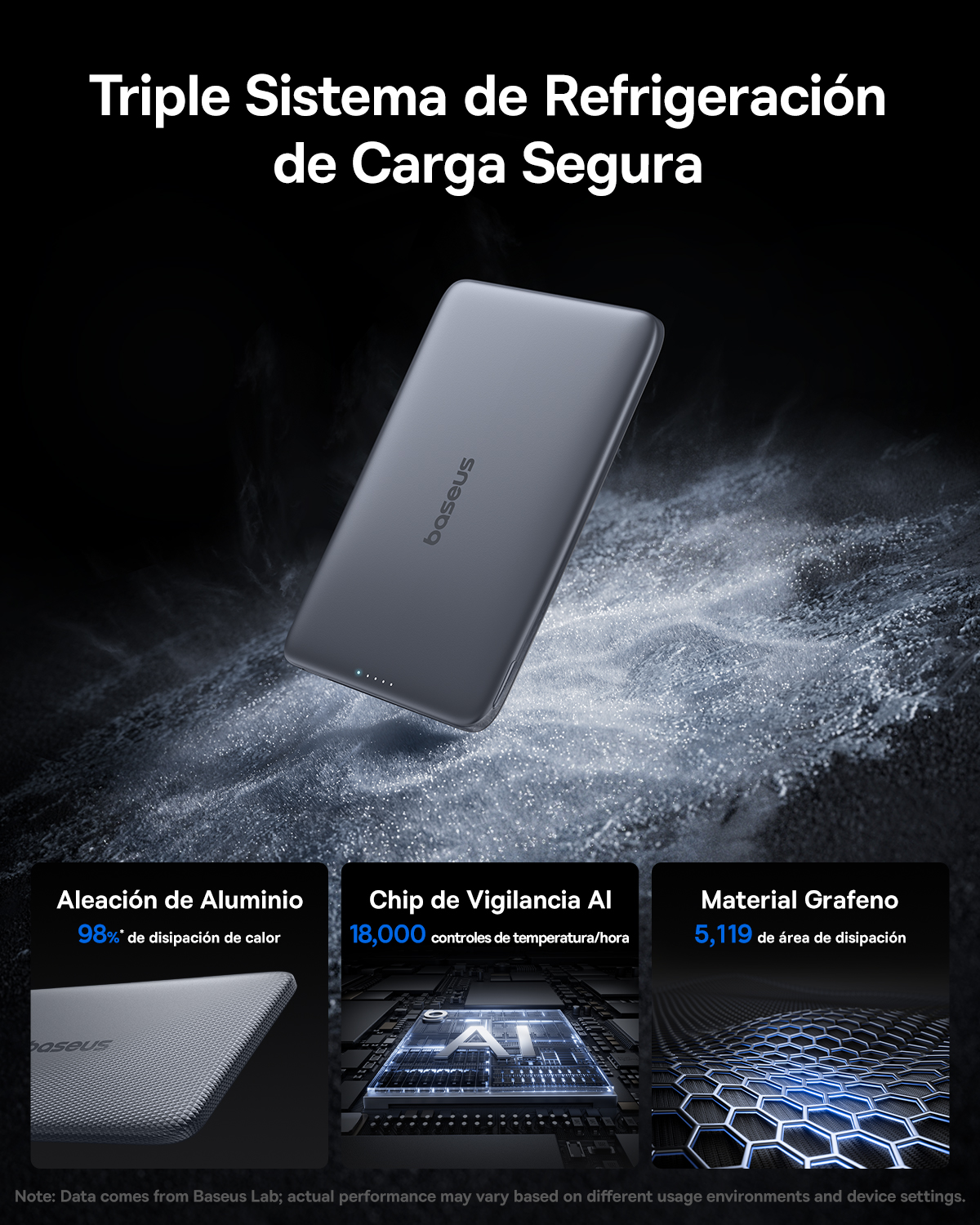 Soğutma teknolojili gri Baseus powerbank: Alüminyum, Yapay Zeka çipi, Grafen.