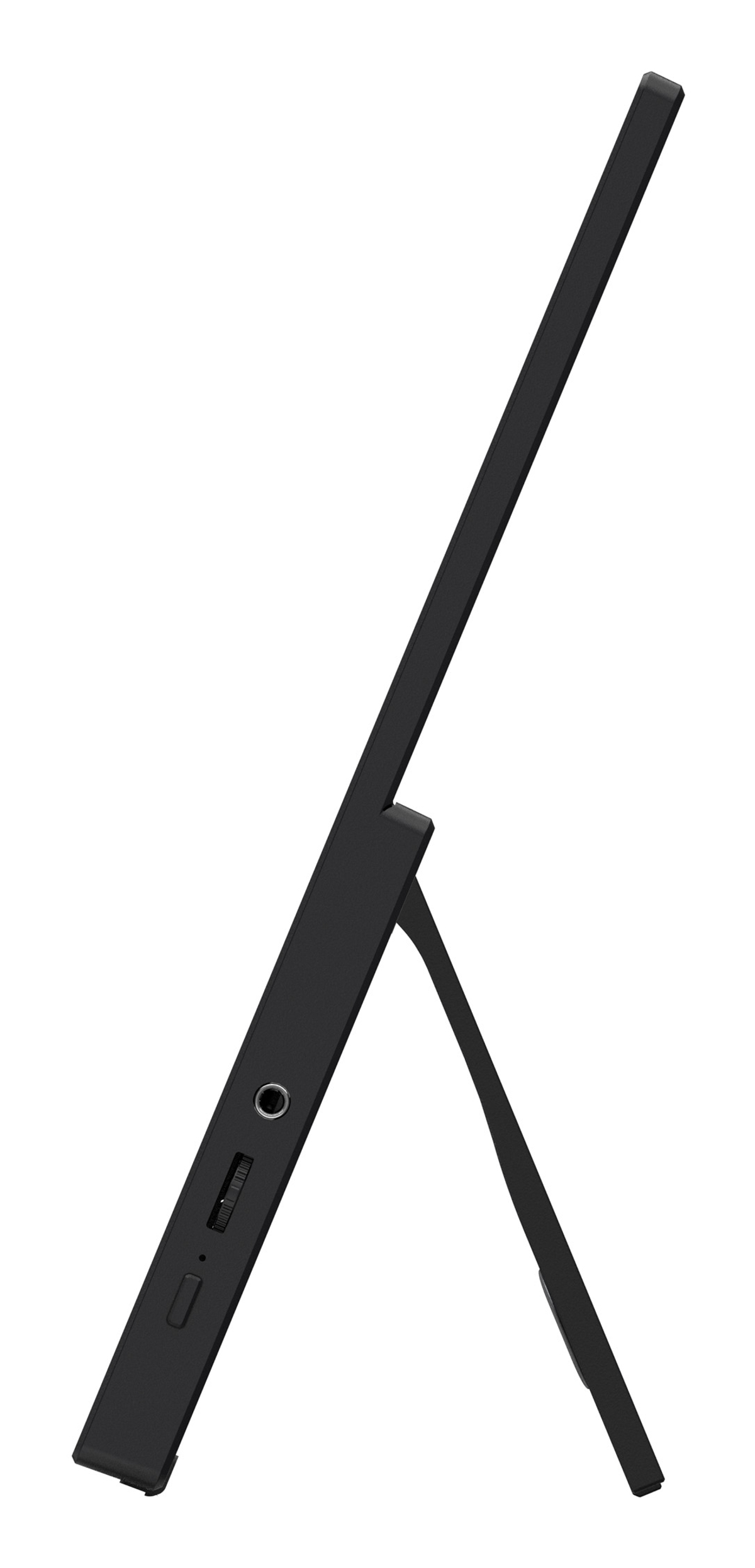 Arkadan aydanlikli siyah tablet, yan gorunum, portlar gorunuyor.