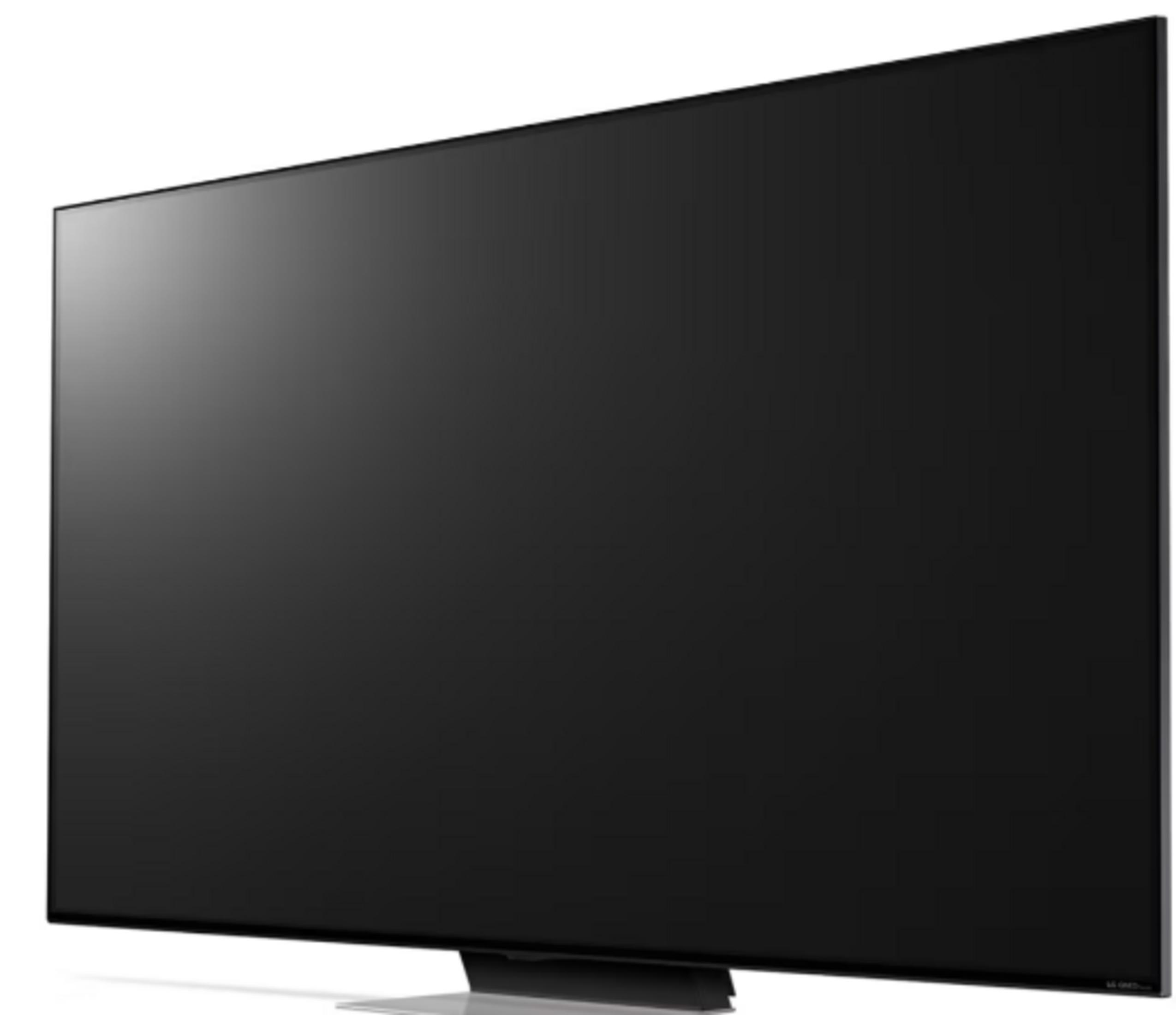 Een slanke, zwarte flatscreen-tv met smalle rand op een standaard.