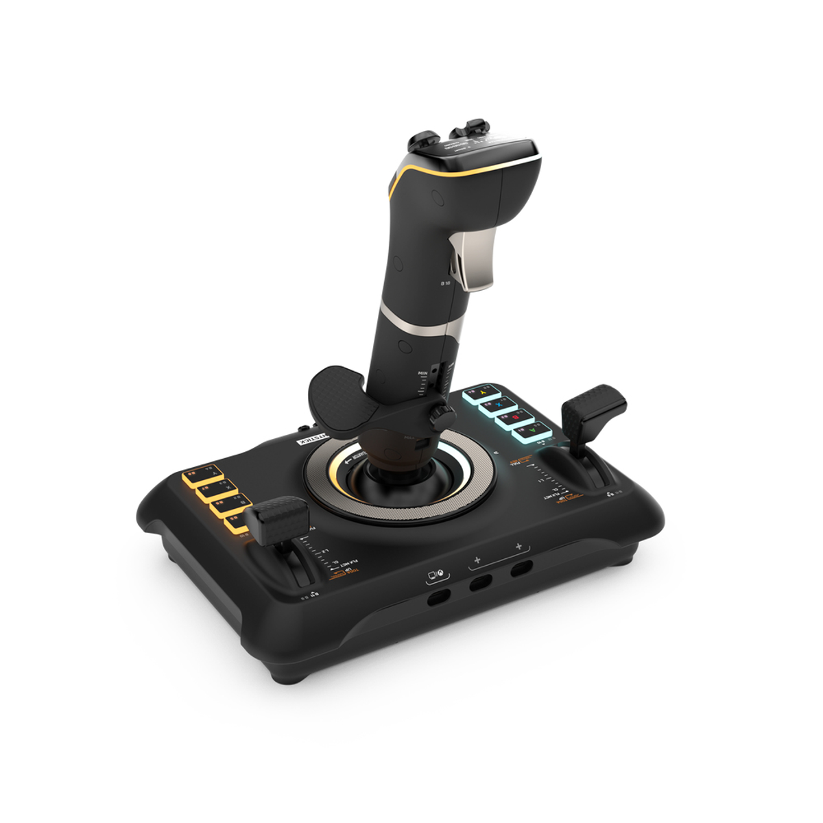 Un joystick nero per simulatore di volo con leve dell'acceleratore e pulsanti illuminati.