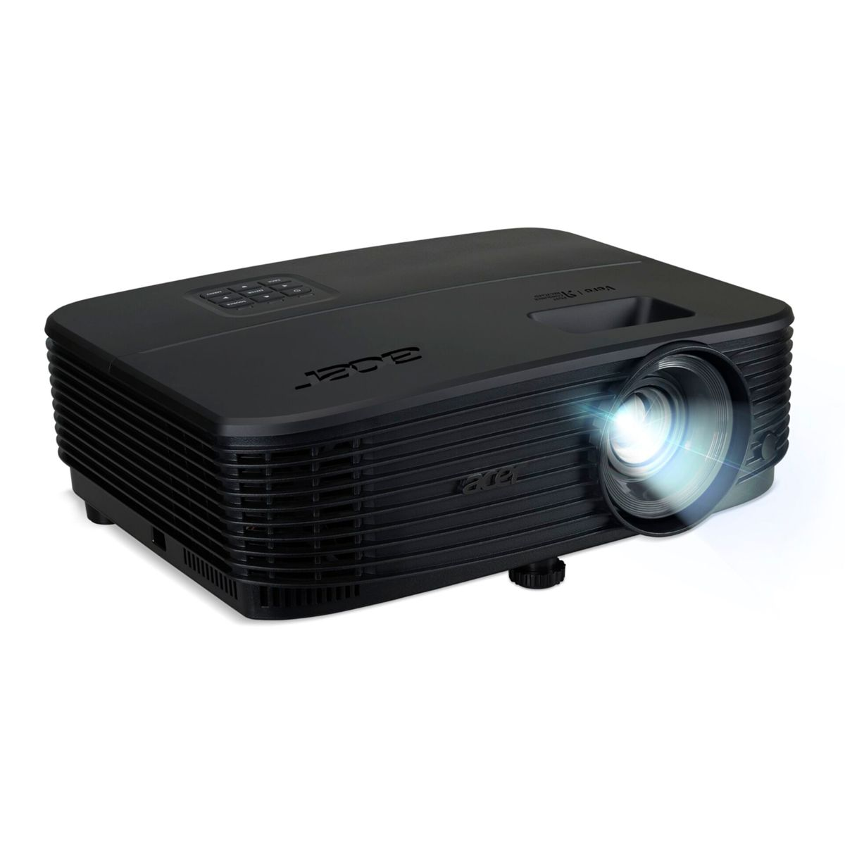 Un projecteur noir dont l'objectif émet de la lumière, sur fond blanc.
