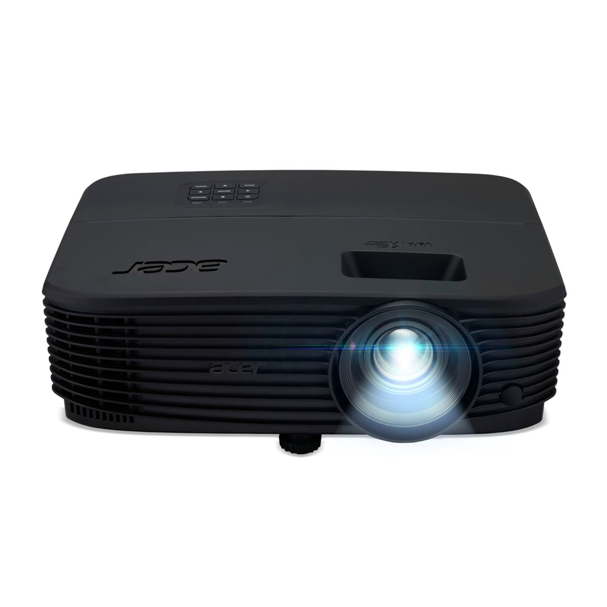 Un projecteur Acer noir avec une lentille allumée sur fond blanc.