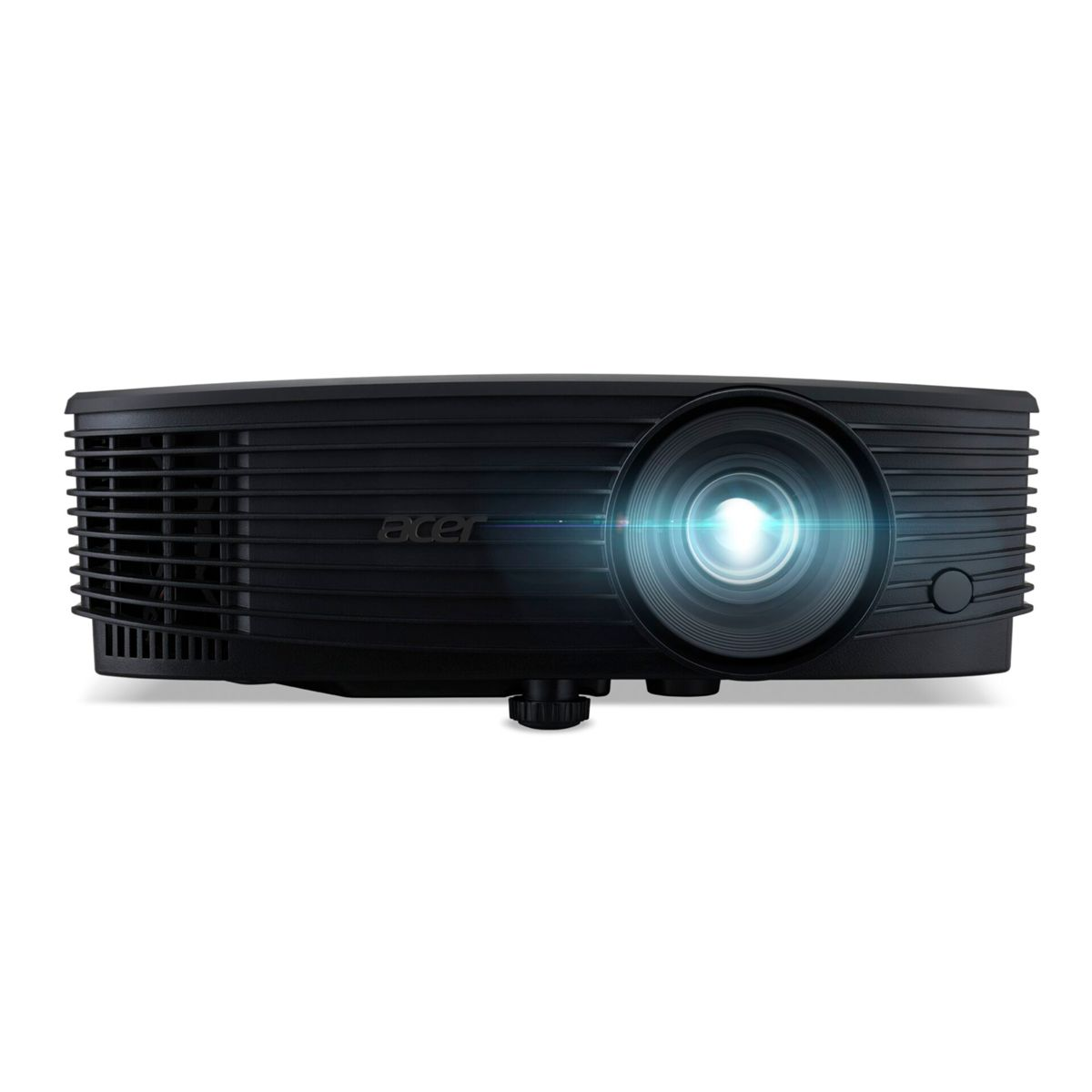 Un projecteur Acer noir avec une lentille brillante sur fond blanc.