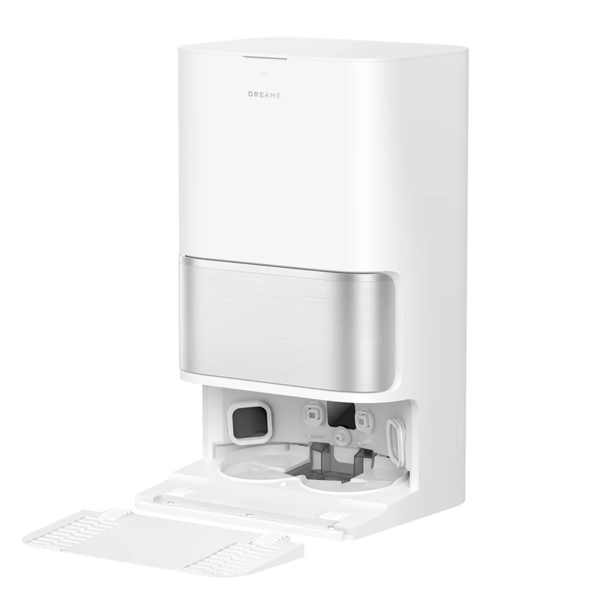 Ein weißer Roboterstaubsauger mit silbernen Akzenten und geöffneter Basisstation.