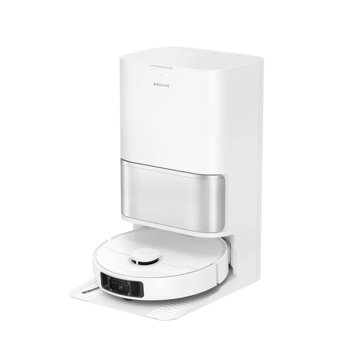 Ein weißer Saugroboter mit Ladestation von Dreame.