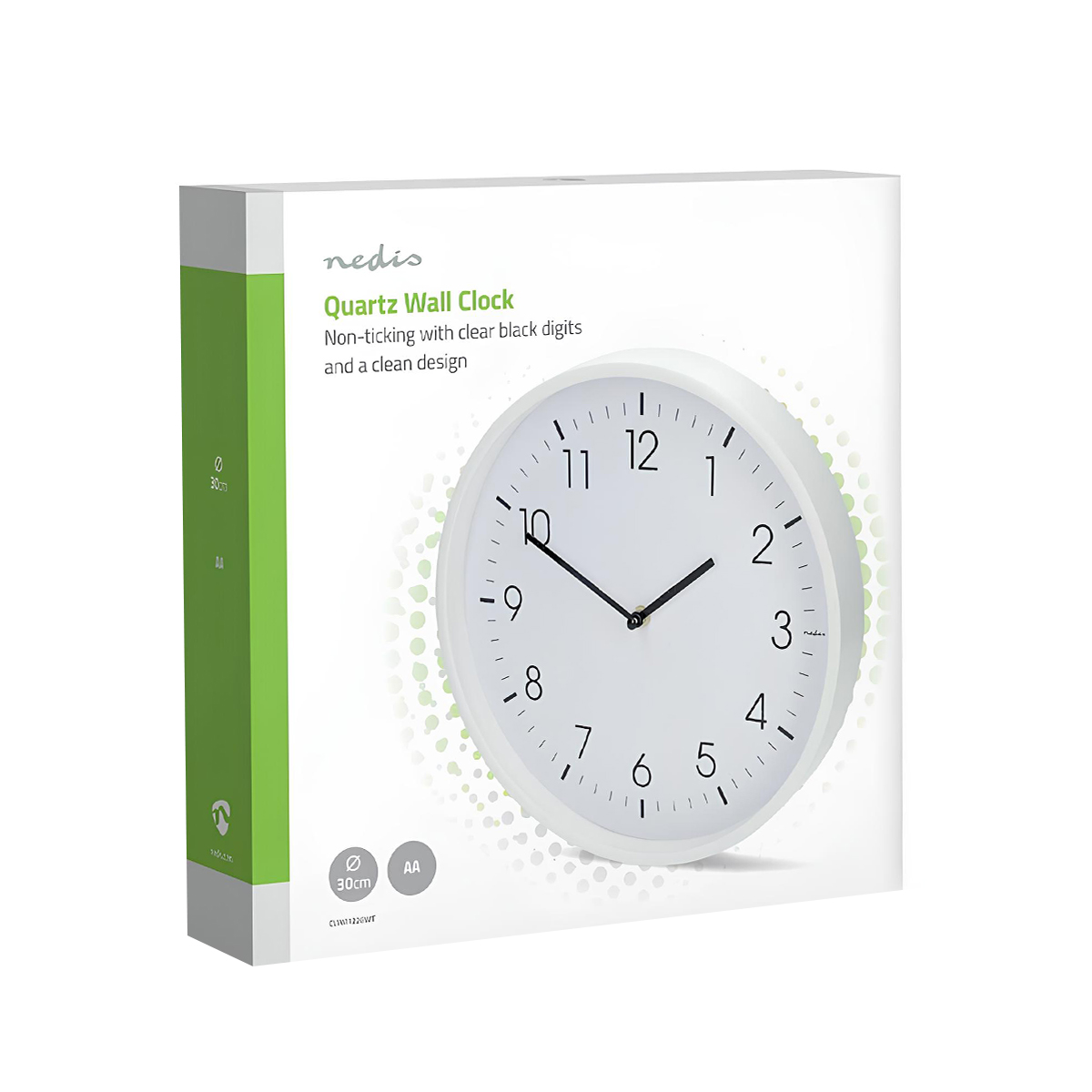 Verpackung einer weißen Nedis Quarzwanduhr mit schwarzen Ziffern.