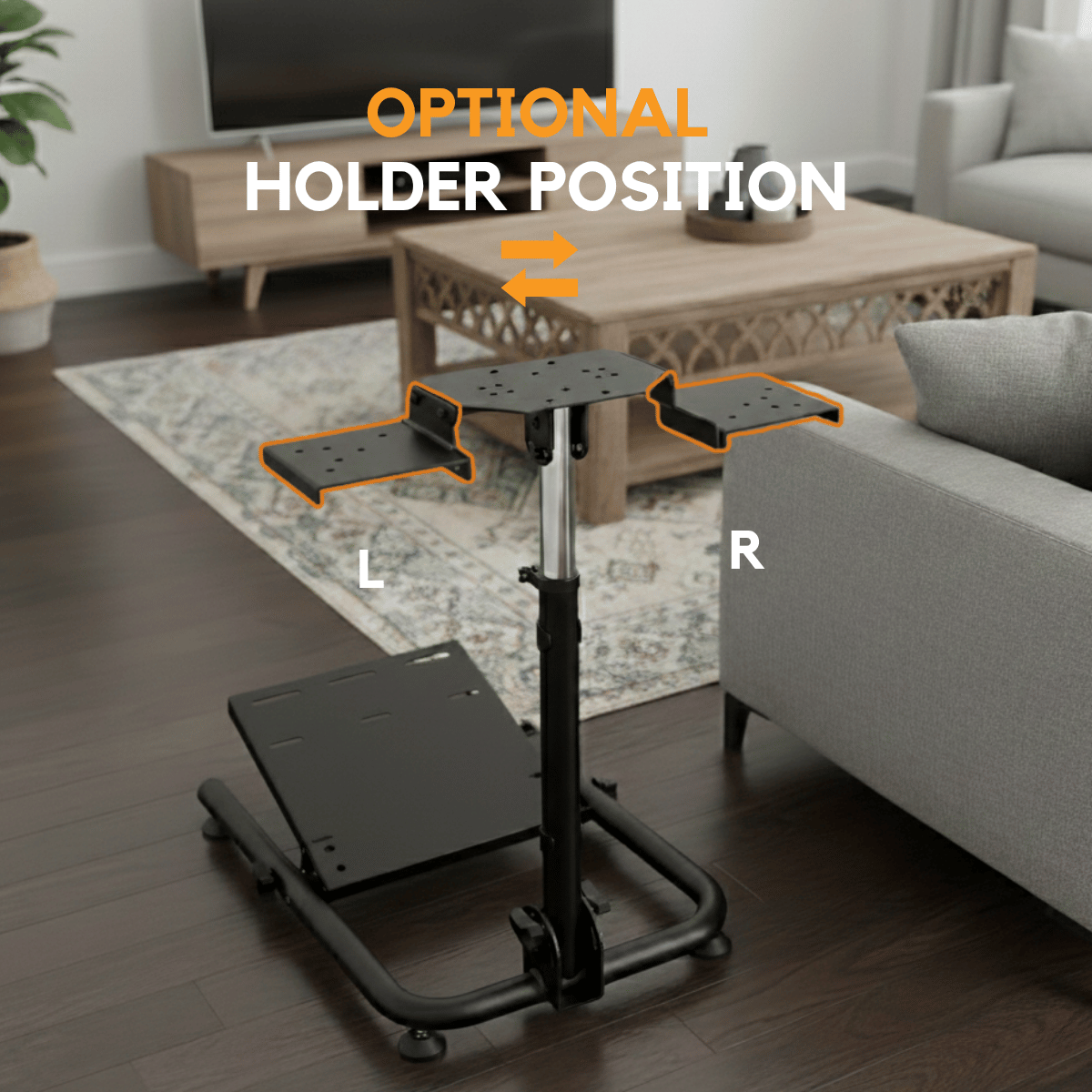 Een zwarte gamingstandaard met verstelbare houderposities.