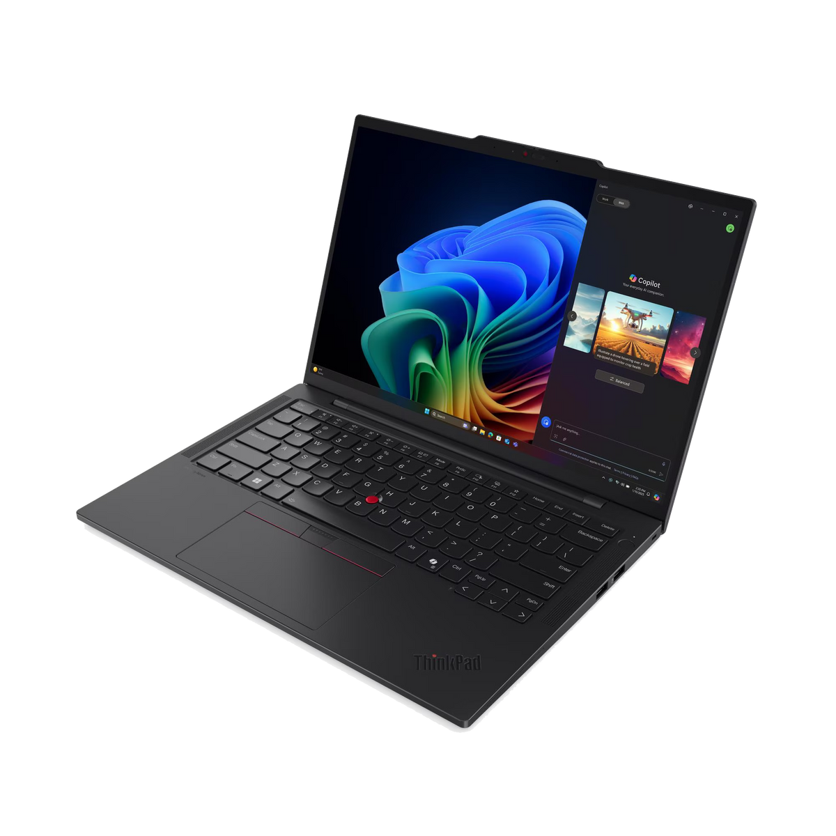 Czarny laptop z logo ThinkPad wyświetlający AI Copilot.