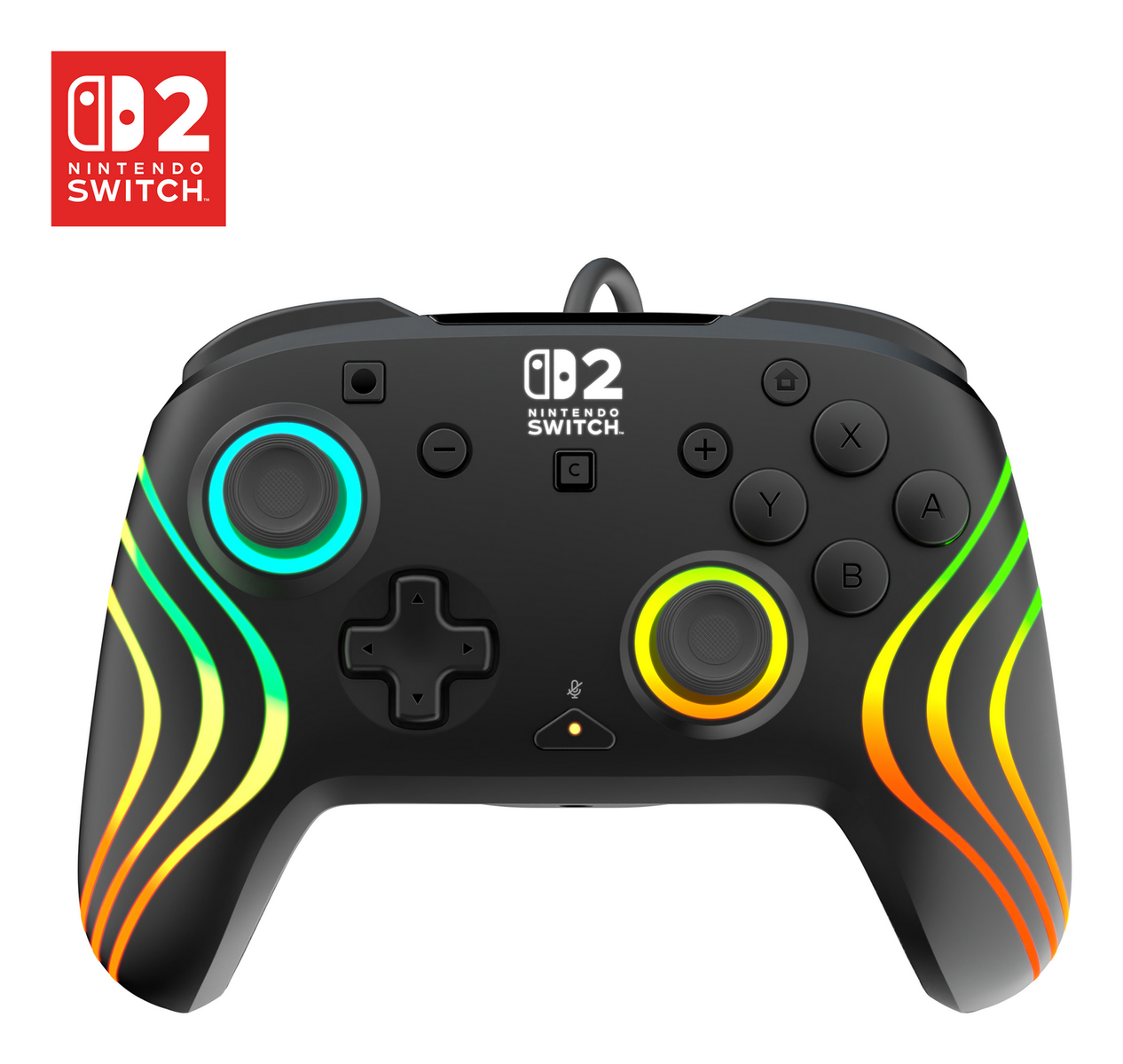 Controller nero Nintendo Switch con accenti luminosi colorati e logo.