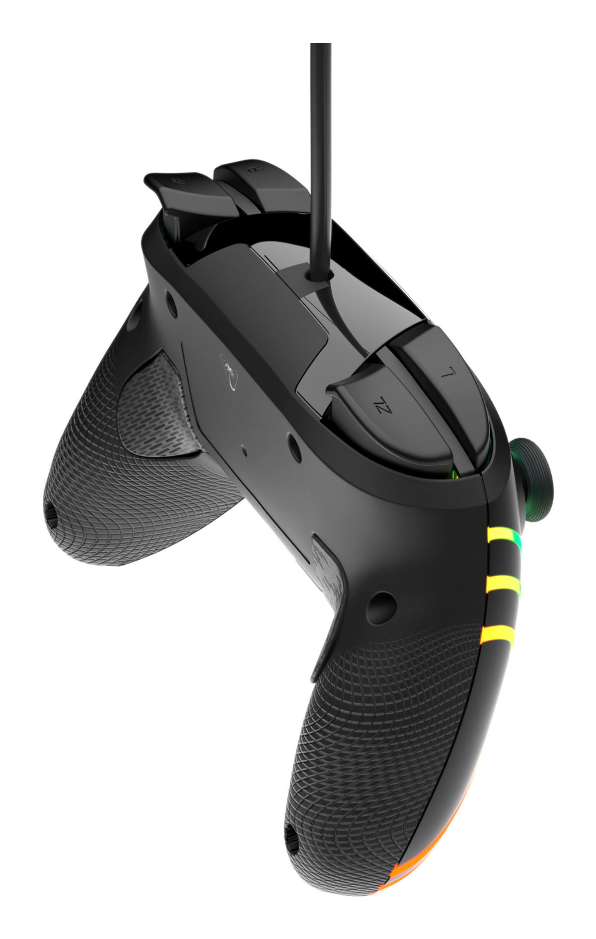 Schwarzer Gaming-Controller mit Griffen, Tasten und leuchtenden Streifen.