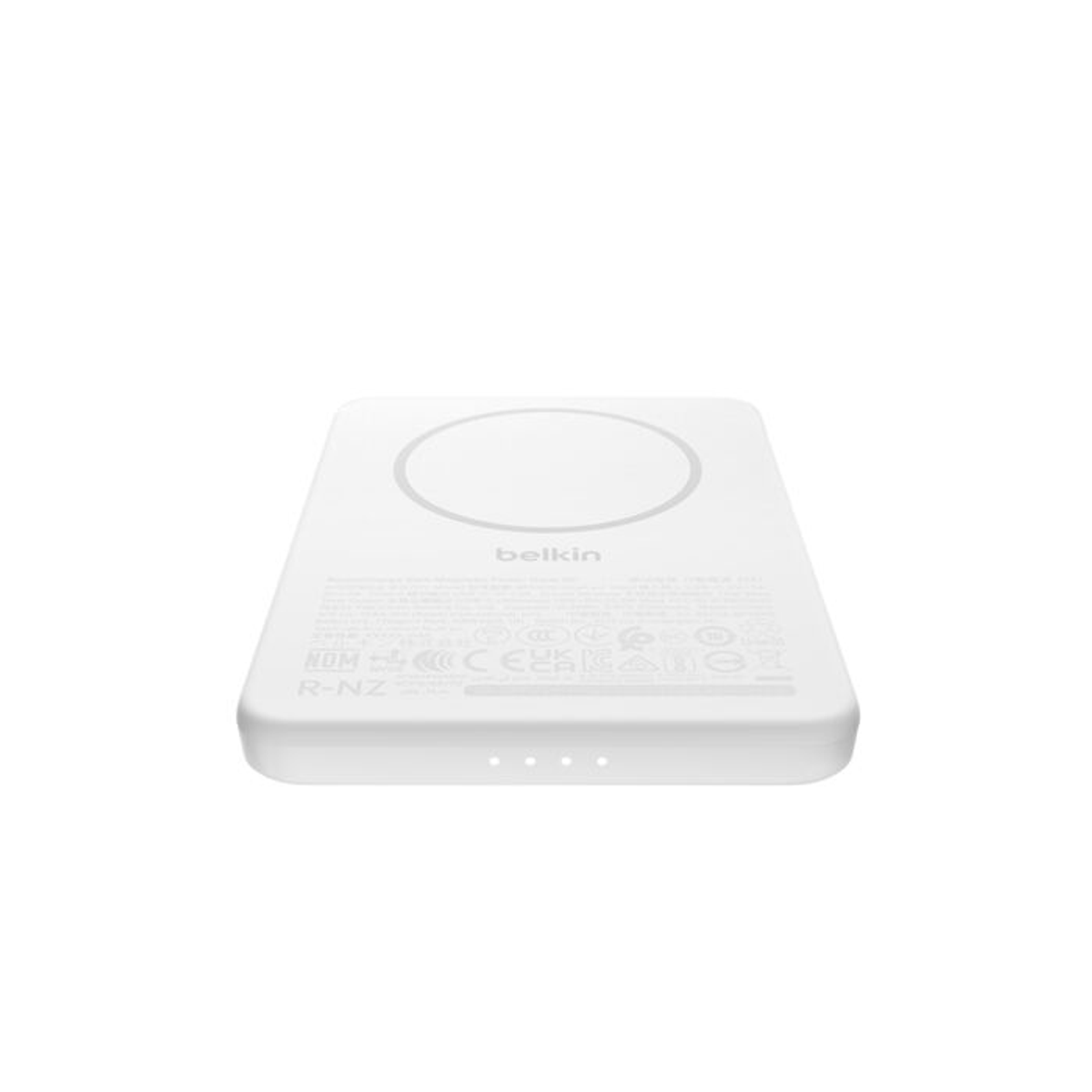 Base de chargement Belkin blanche avec design circulaire et voyants.