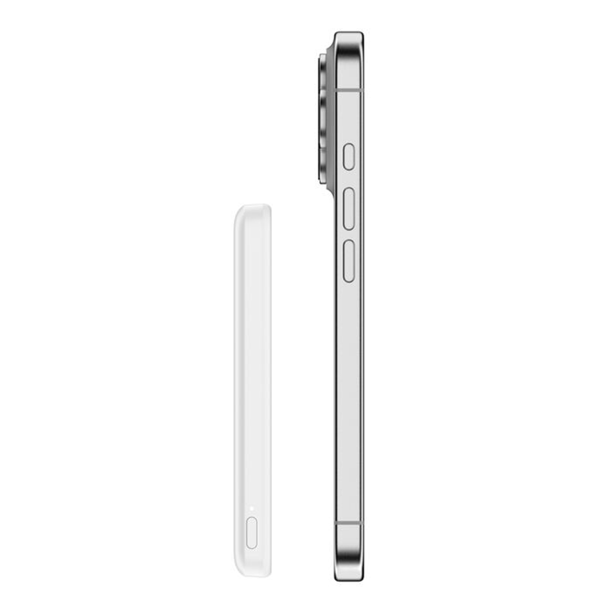 Une batterie blanche est placée à gauche d'un smartphone argenté.