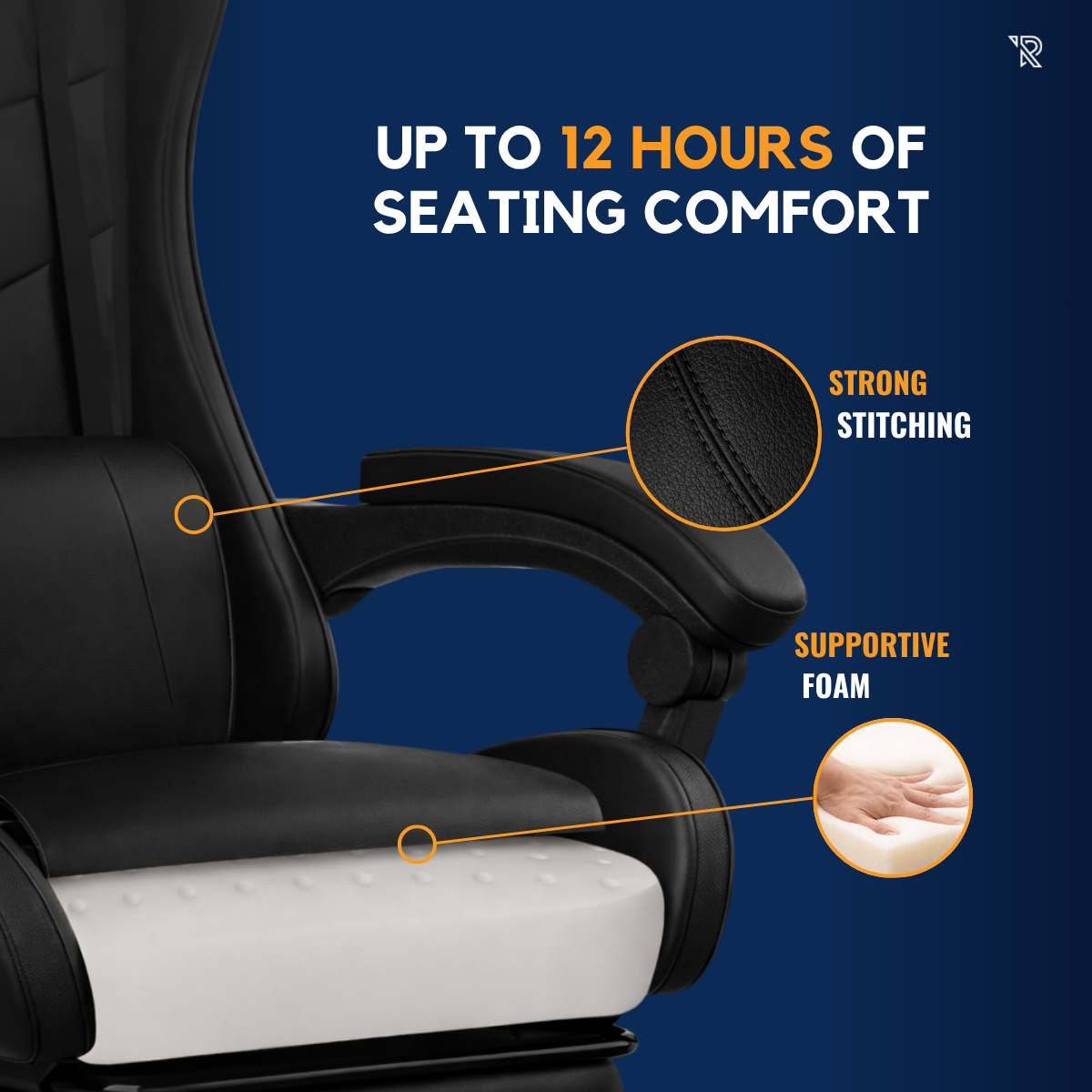 Black gaming chair highlighting supportive foam and strong stitching.