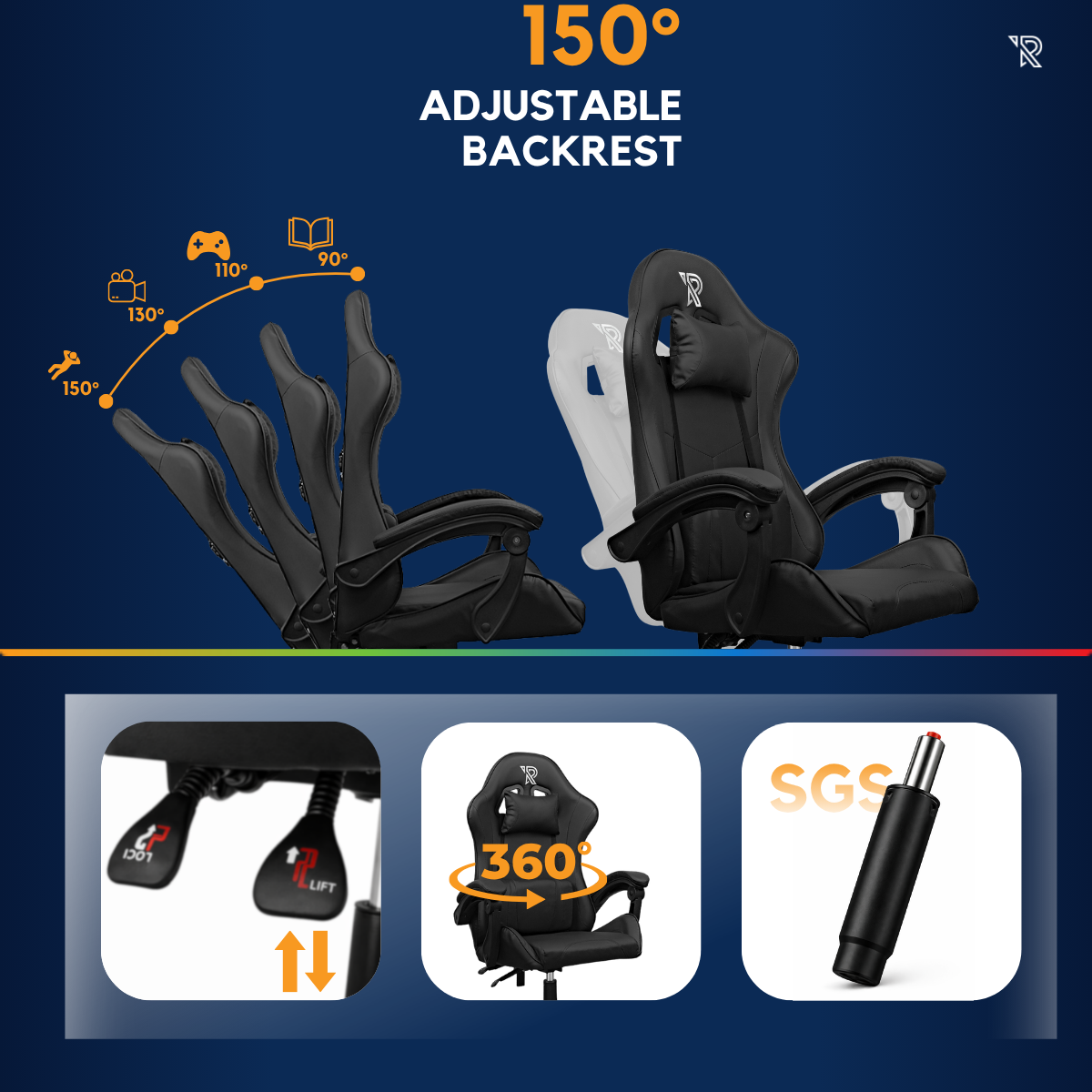Black gaming chair with adjustable backrest and detailed controls shown.