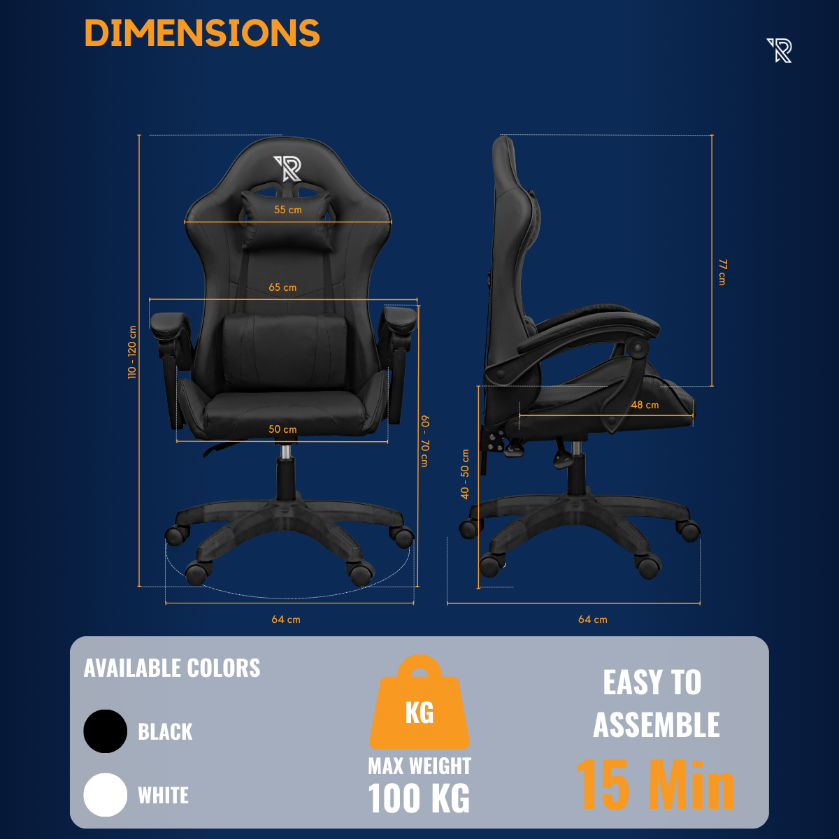 Black gaming chair with dimensions, colors, and 100kg max weight.