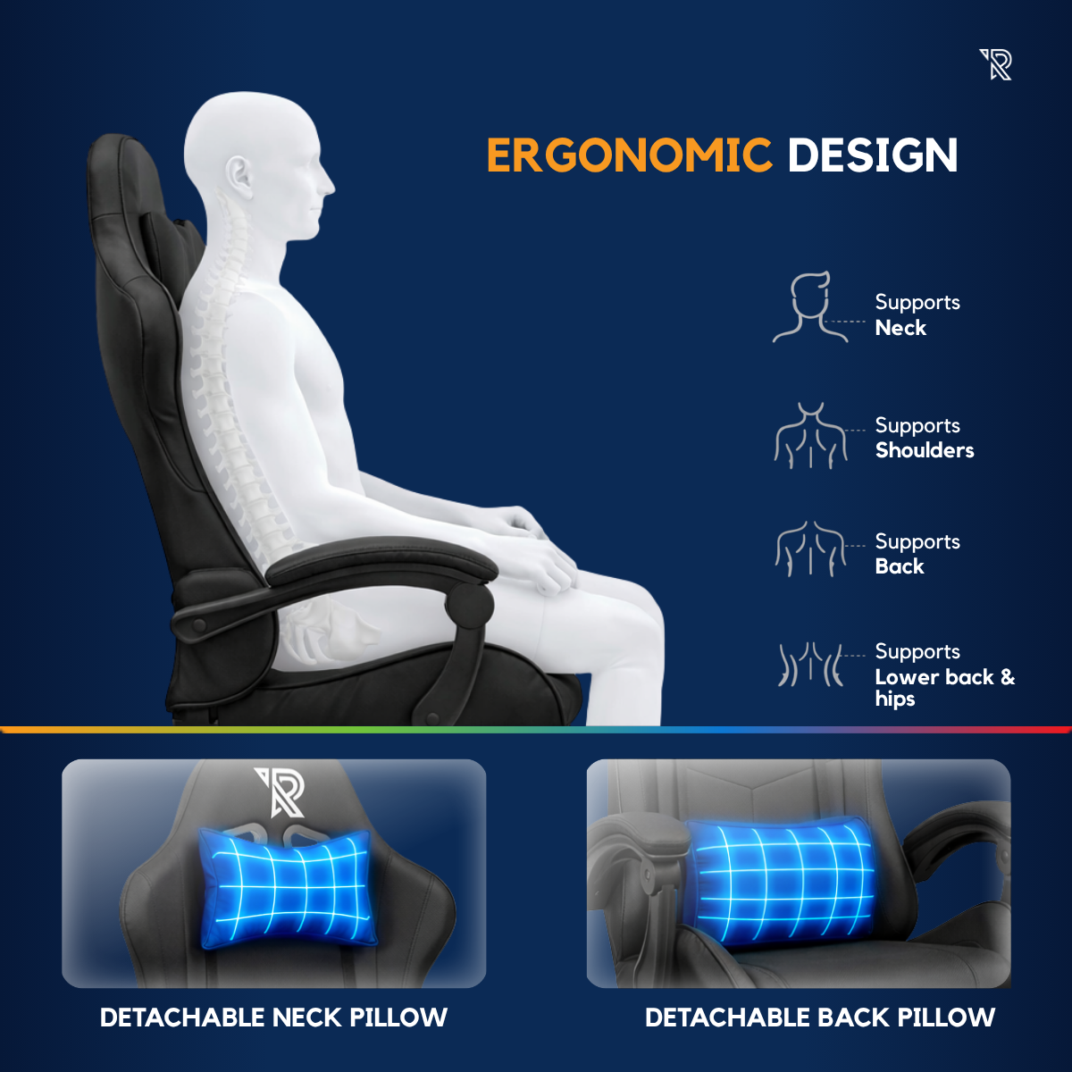 Ergonomic chair design showing support for neck, shoulders, back, and lumbar.