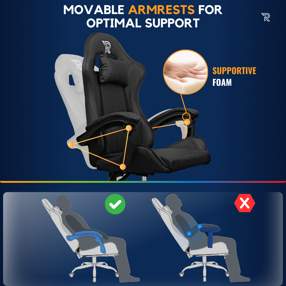Black gaming chair with movable armrests and supportive foam padding.
