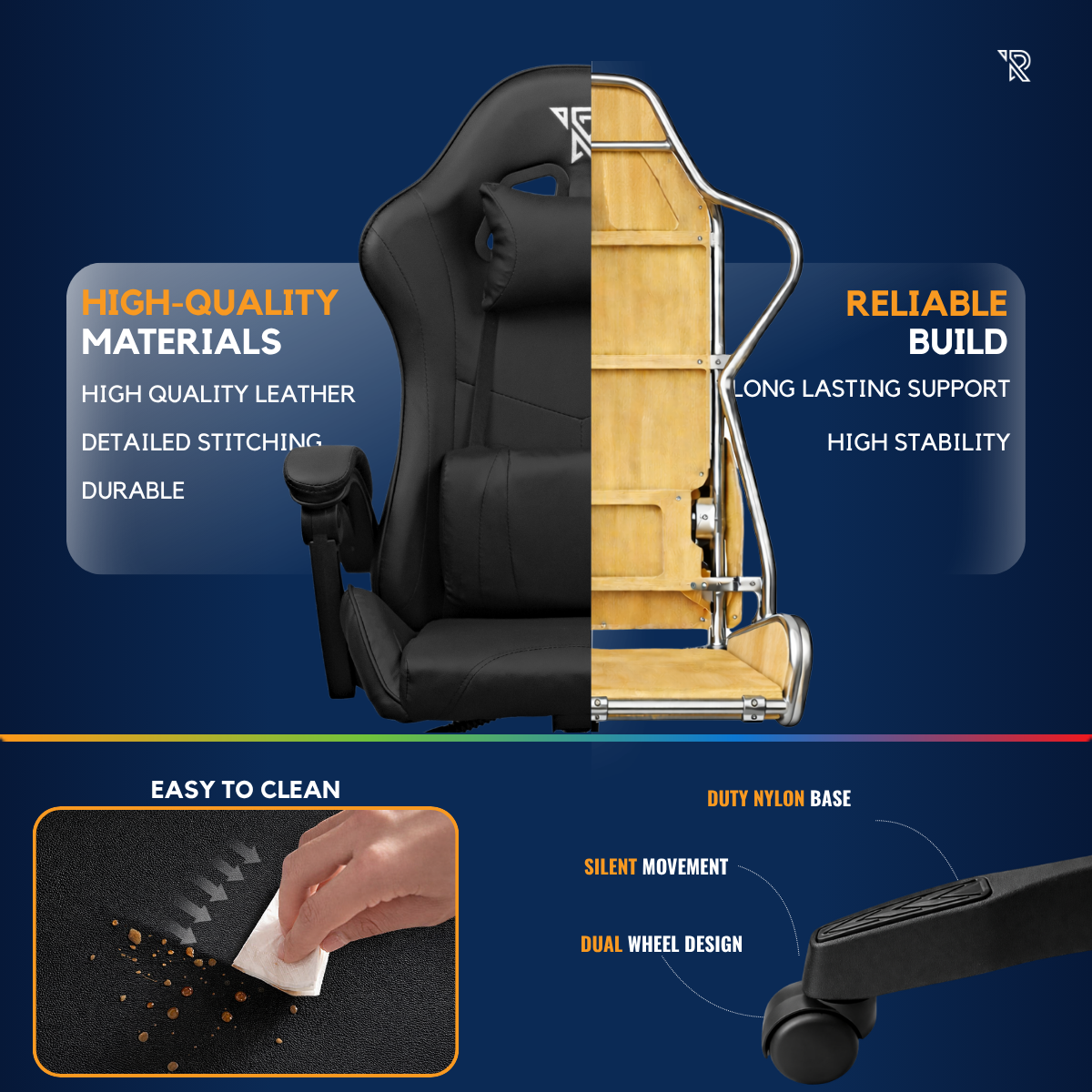 A split view of a black gaming chair, showing its materials and construction.