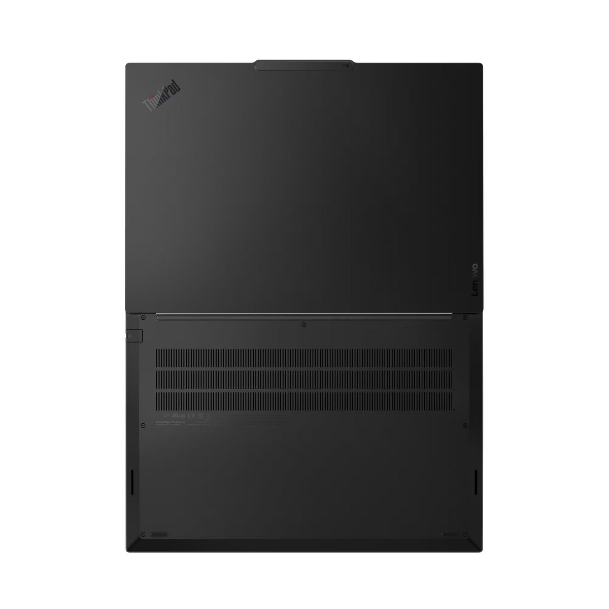 Un portátil negro con logotipos ThinkPad y Lenovo, visto desde abajo.