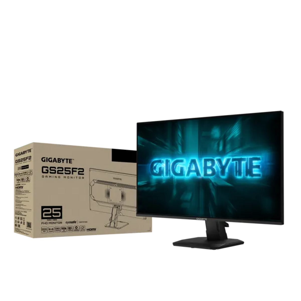 Monitor gamingowy Gigabyte z pudełkiem. Ekran wyświetla logo Gigabyte.