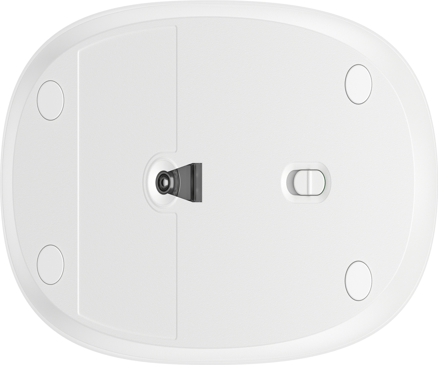 Spód białej myszy komputerowej z czujnikiem optycznym i przełącznikiem.