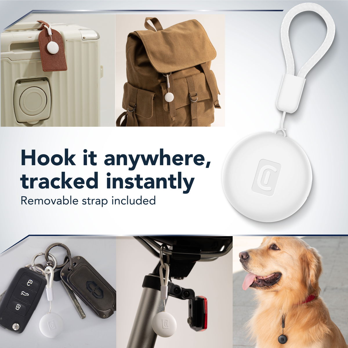 Ein weißer Tracker an Schlüsseln, Fahrrad, Tasche und Hund. Text: Hook it anywhere.