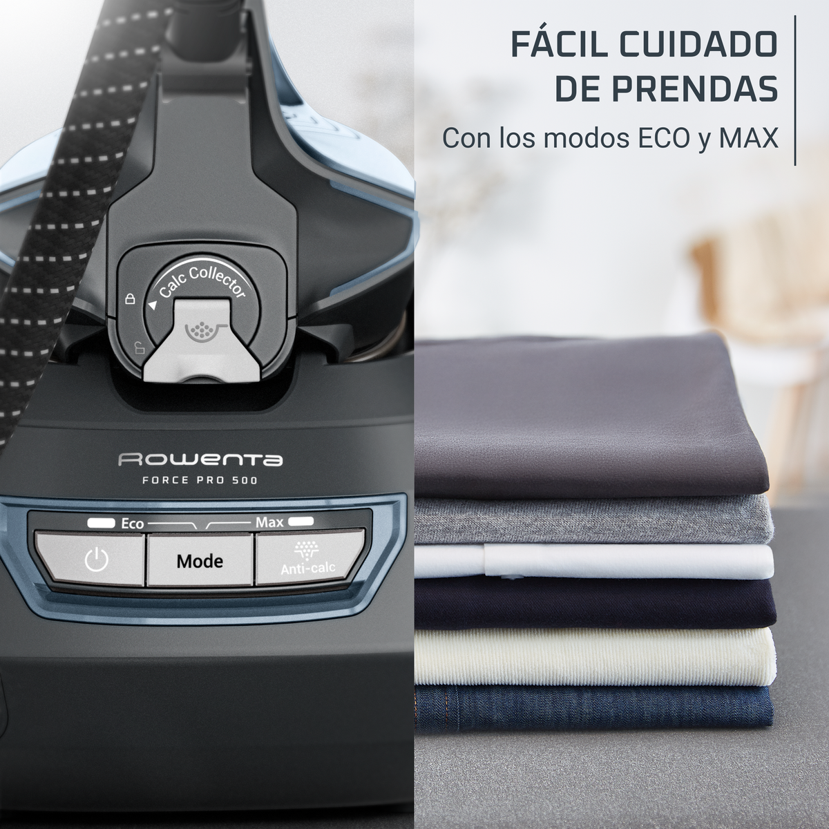 Detalle de plancha Rowenta con botones y ropa doblada al lado.