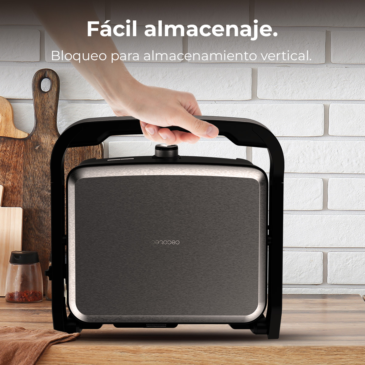 Una mano tiene il manico di una piastra elettrica argentata riposta verticalmente.