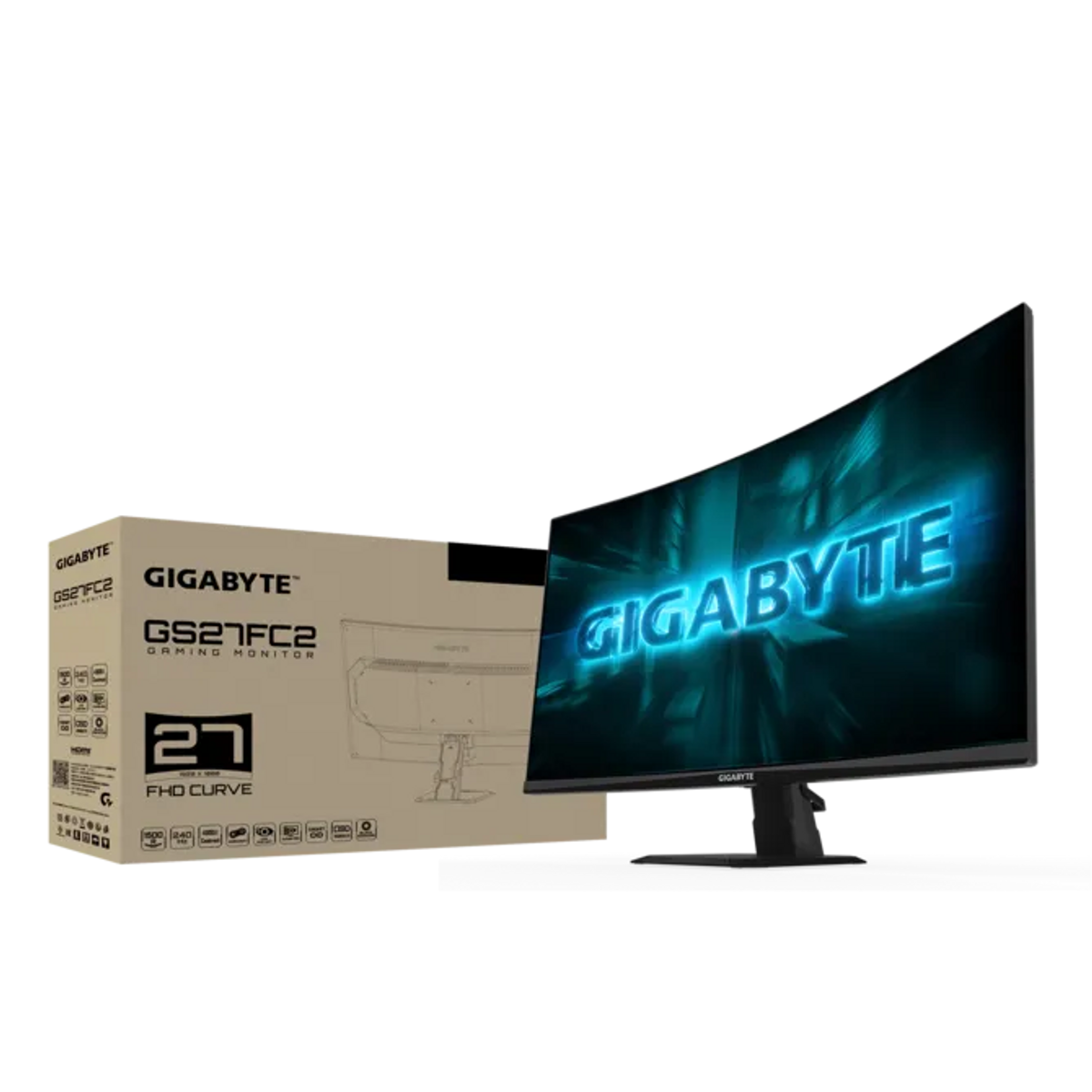 Zakrzywiony monitor gamingowy Gigabyte z napisem GIGABYTE na ekranie.