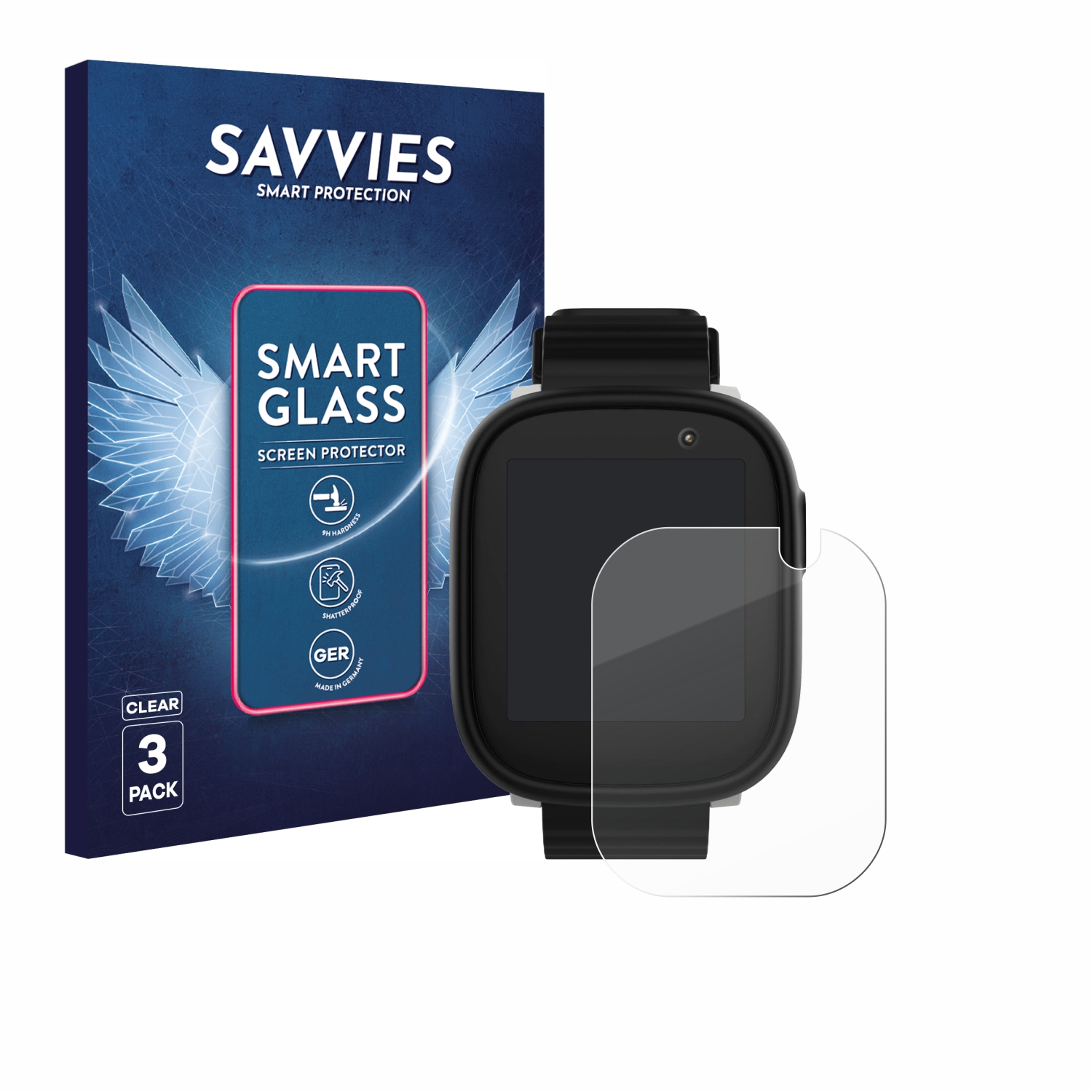 Smartwatch-Displayschutzfolie und Verpackung. Klare Folie liegt auf schwarzer Uhr.