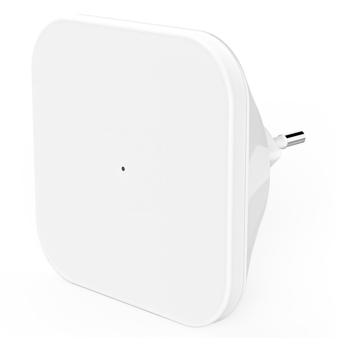 Biała wtyczka z małą czarną kropką na przedniej powierzchni.